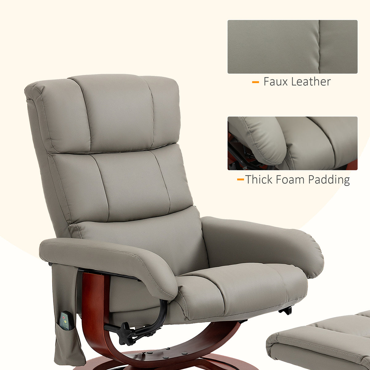 Massage Recliner Chair with Ottoman, Swivel Recliner and Footrest, Faux Leather Reclining Chair w/ Remote Control, Gray