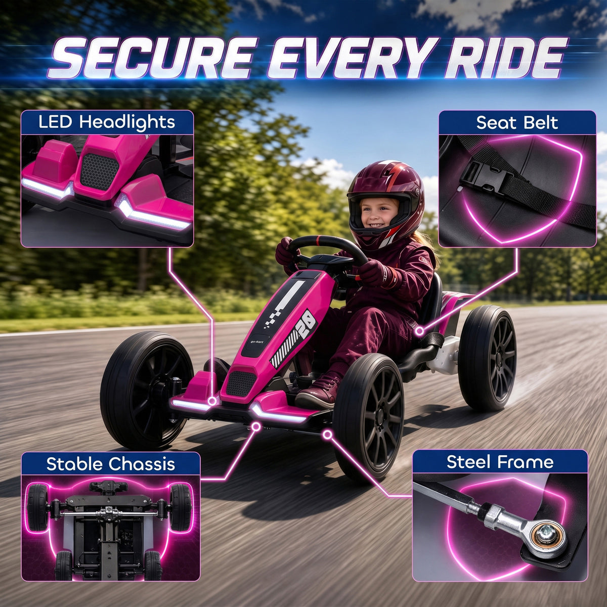 12V Electric Go Kart for Kids with Dual Motors, Adjustable Seat, Soft Start, LED Lights, EVA Wheels, for Age 3-6, Pink