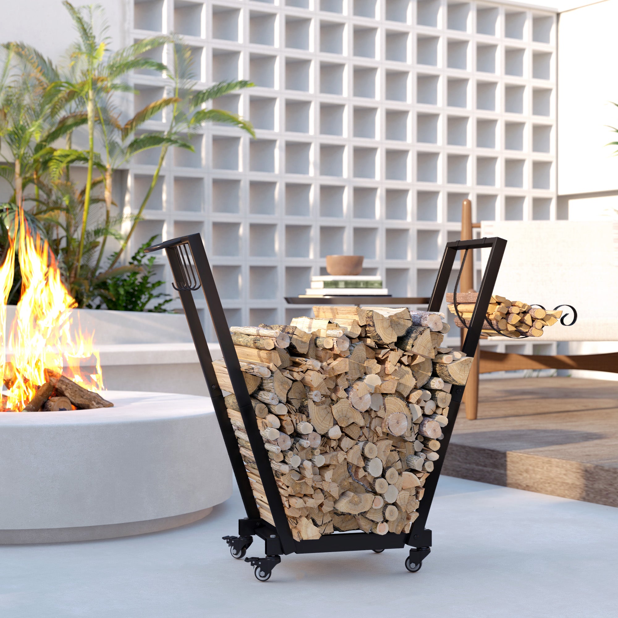 Firewood Rack with Wheels, Metal Log Holder with Kindling and Tool Hooks, Indoor/Outdoor, 31.1" x 11.8" x 31.9", Black