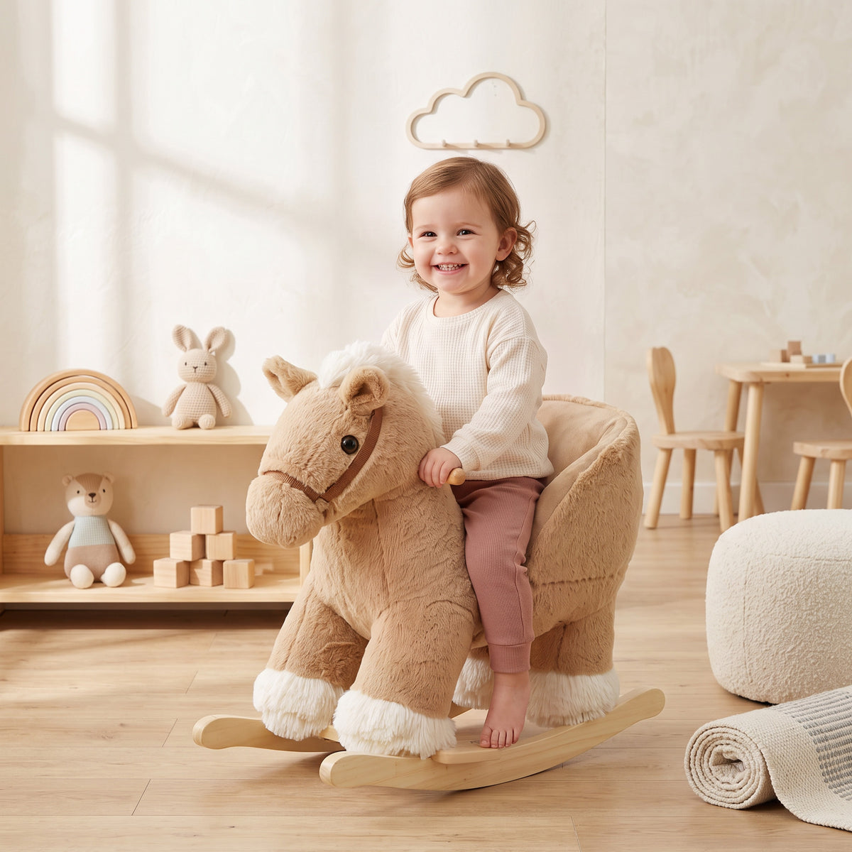 Rocking Horse with Seat Belt, Plush Ride-On Rocker with Realistic Sound for Toddlers Ages 18-36 Months, Brown
