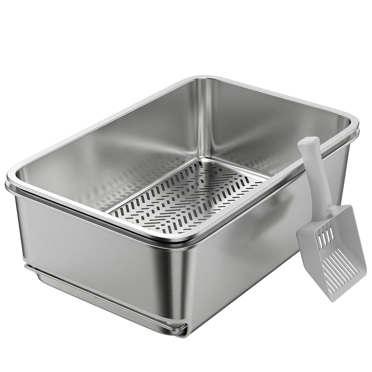 Stainless Steel Litter Box, XL Sifting Cat Litter Box for Medium, Large Cat, Non-Sticky, Odour Free, Easy Clean, Silver