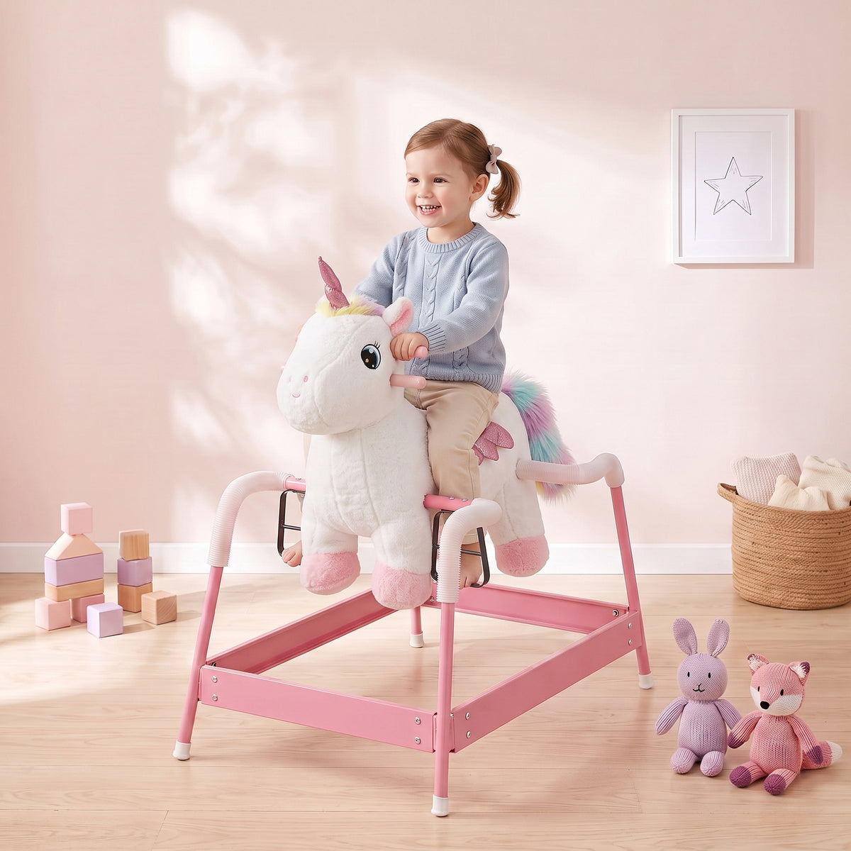 Kids Spring Rocking Horse, Unicorn Ride on Horse with Neighing Sounds, Plush Animal Ride on Toy for Ages 3+, White