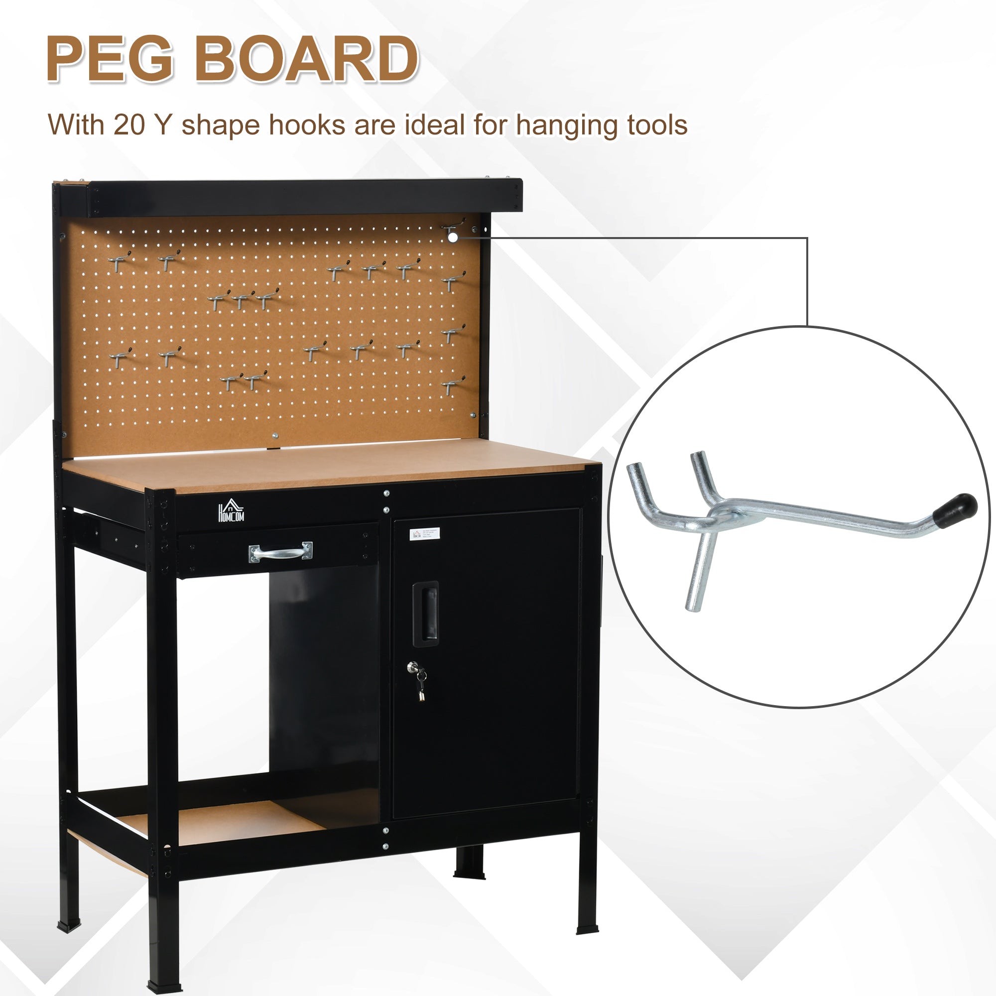 Multipurpose Workbench, Workshop Tool Table with Slide Drawer. Peg Board, Storage Cabinet with Keys
