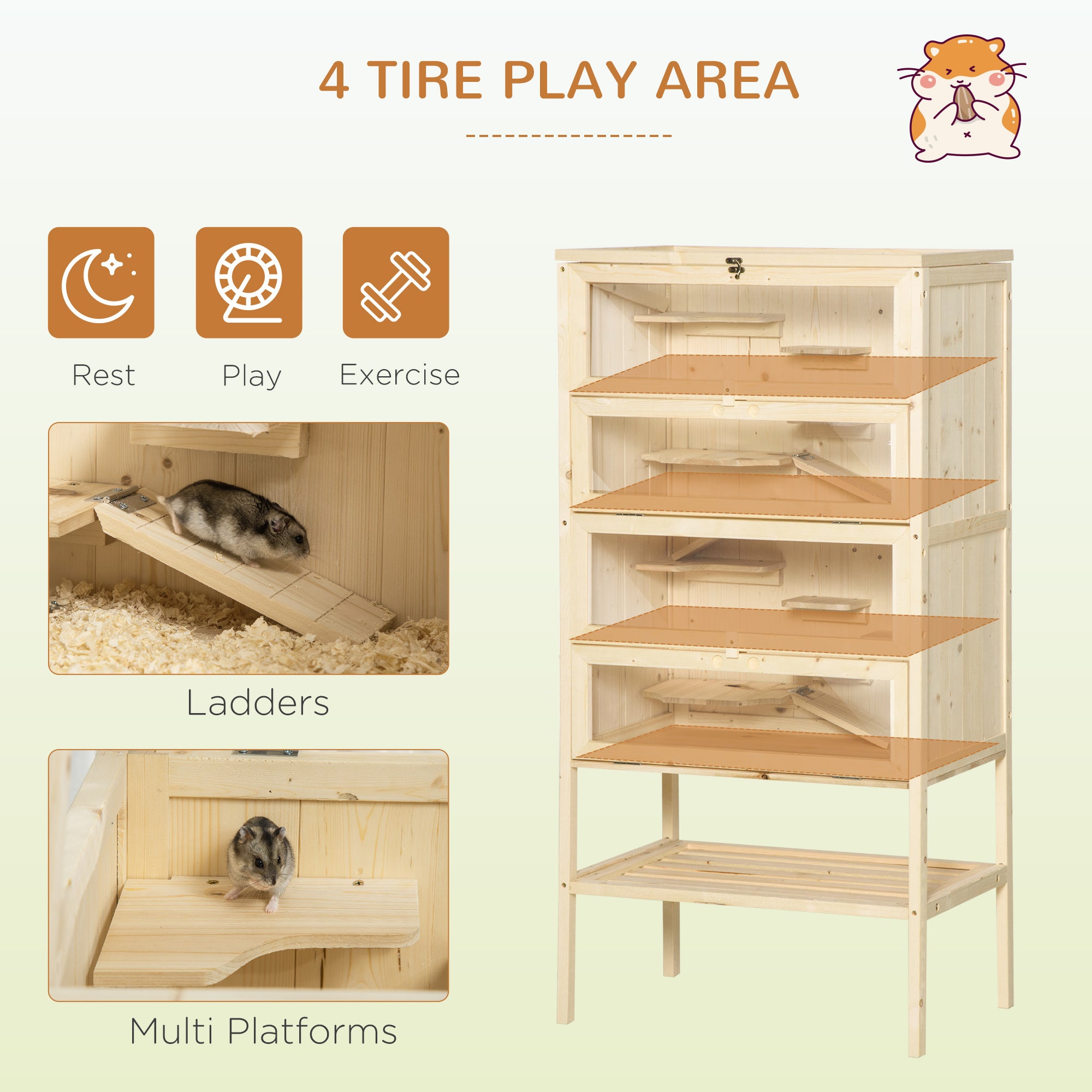 5-Tier Wooden Hamster Cage Mice Habitat Rat Habitat with Openable Top, Front Door and Storage Shelf - Natural Wood - Image 4