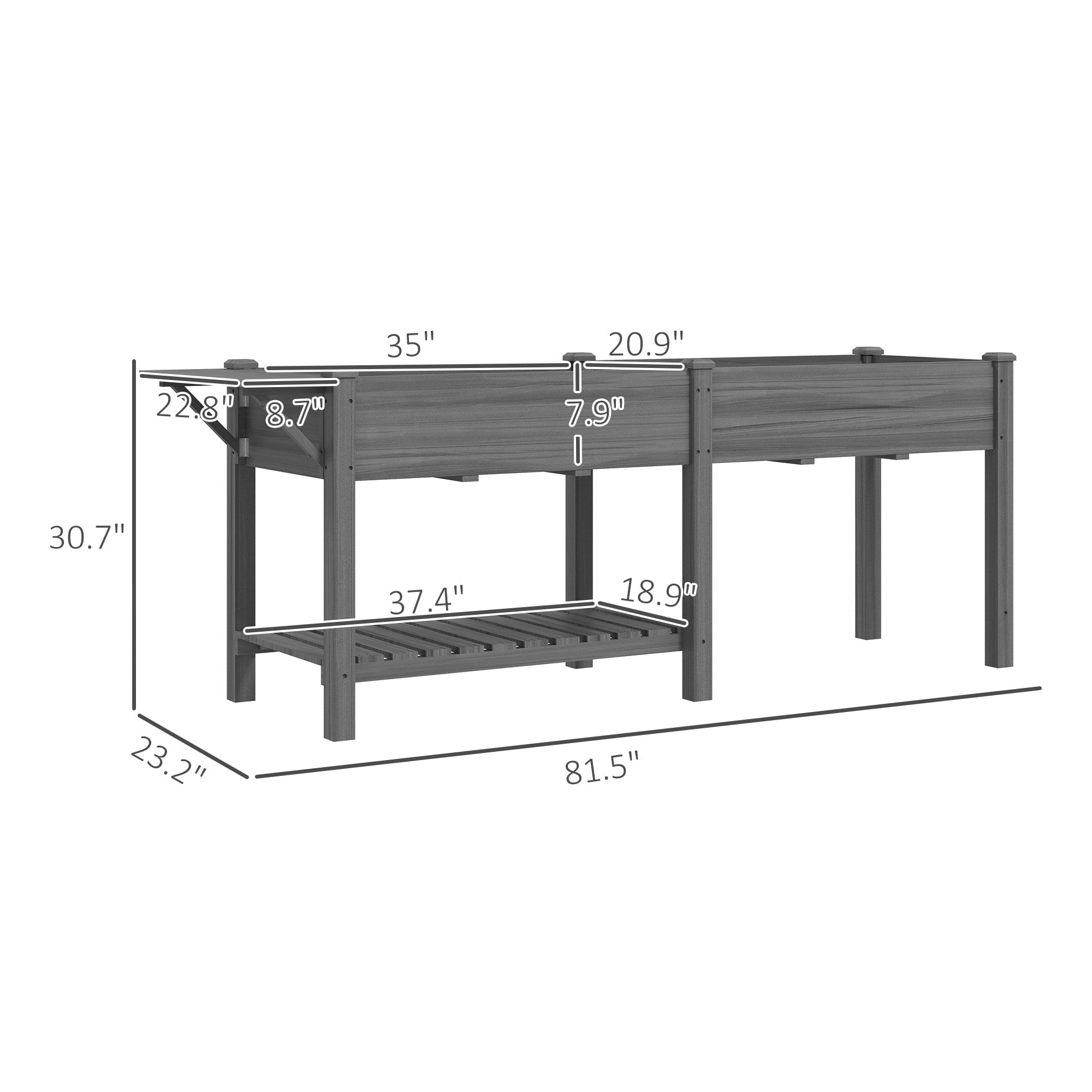 Wood Raised Garden Box, Elevated Garden Bed with Side Table, Bottom Shelf, Bed Liners and Drainage Holes, Gray - Gray - Image 3