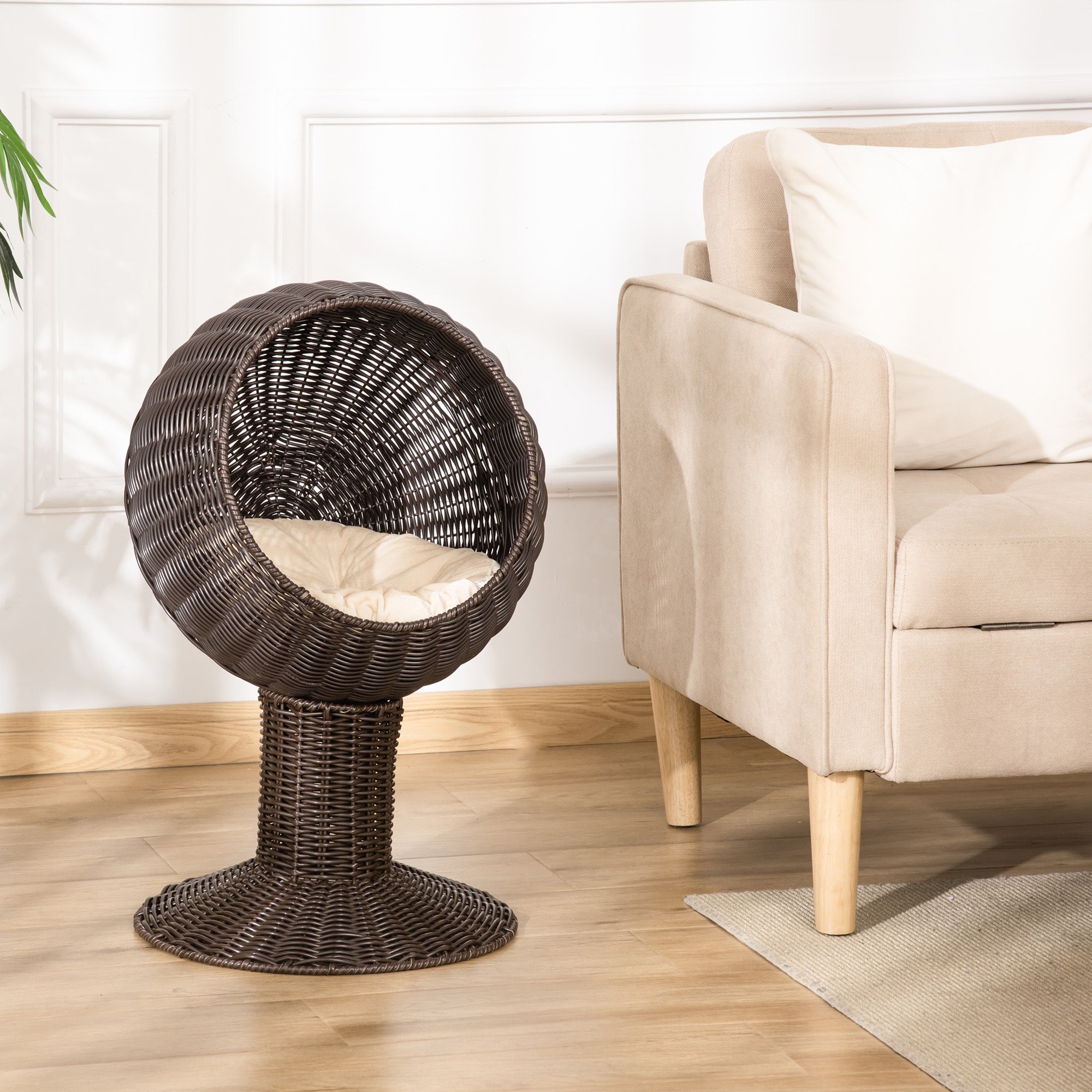Elevated Cat Bed with Rotatable Egg Chair Pod, Cat Basket Bed with Thick Cushion, Natural Mat Grass Woven Kitty House, Coffee - Coffee - Image 7