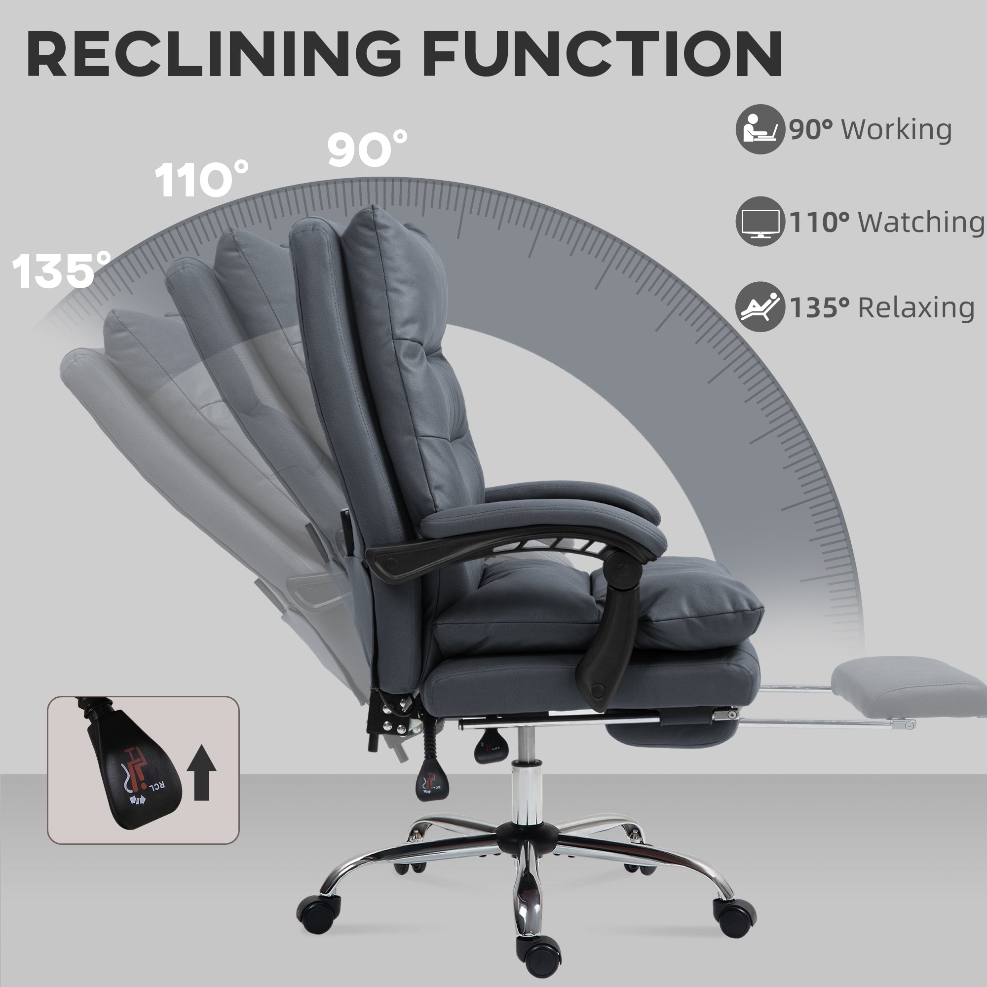 Microfibre Massage Office Chair, Heated Reclining Chair with Footrest, Double-tier Padding, Swivel Wheels, Dark Gray