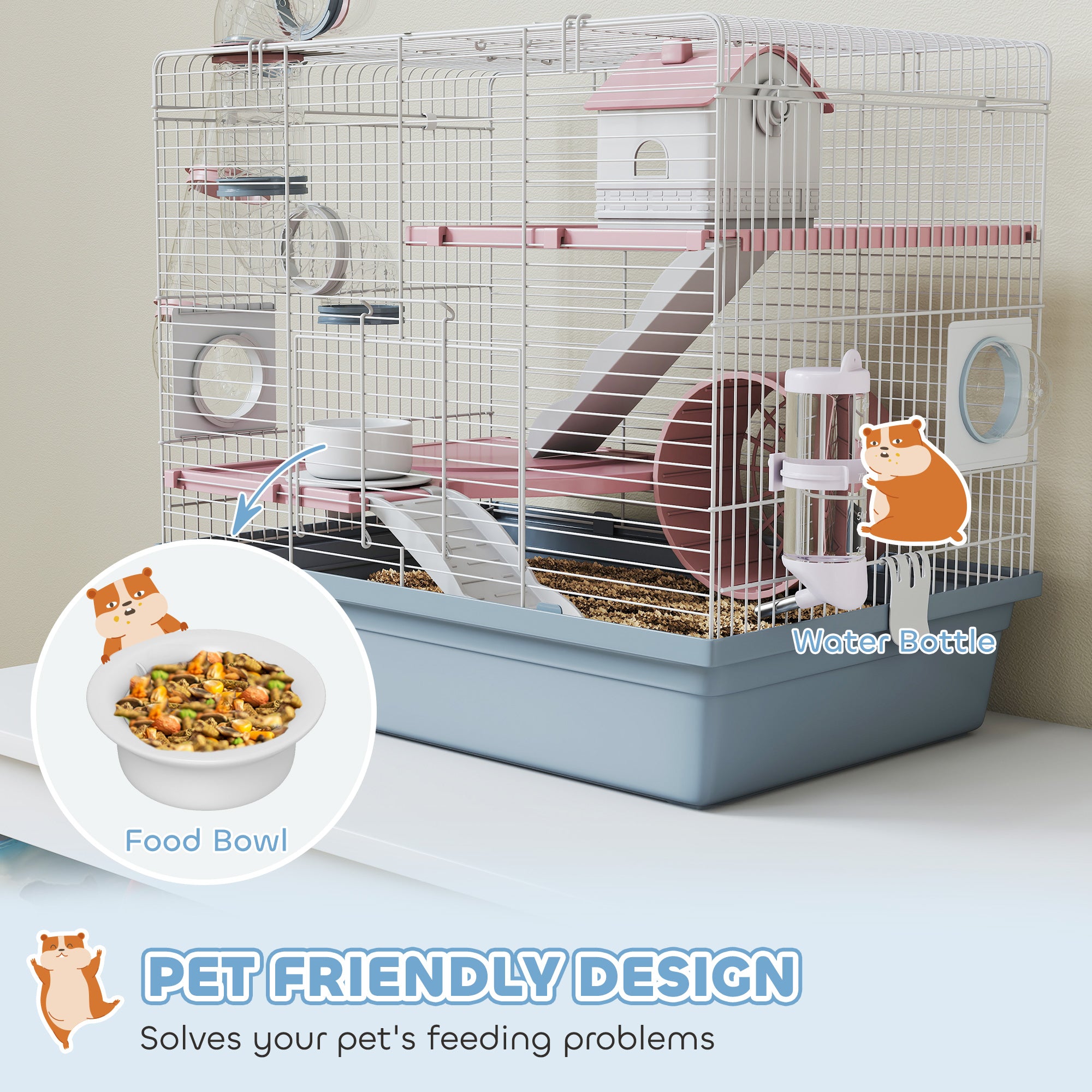 Hamster Cage, 3-Tier Small Animal Cage with Exercise Wheel, Food Bowl, Water Bottle, House, Tunnels, Ramps - Blue - Image 5