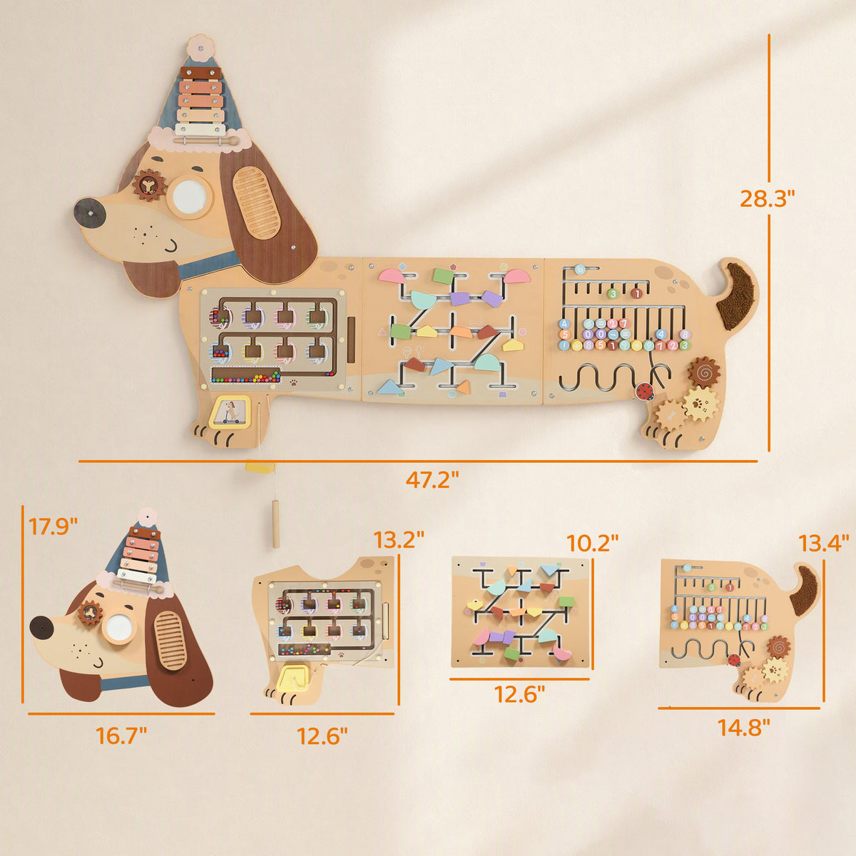 Wooden Wall Busy Board, Montessori Sensory Wall Panel Dachshund-Shaped for Playroom, Educational Toys for Toddler