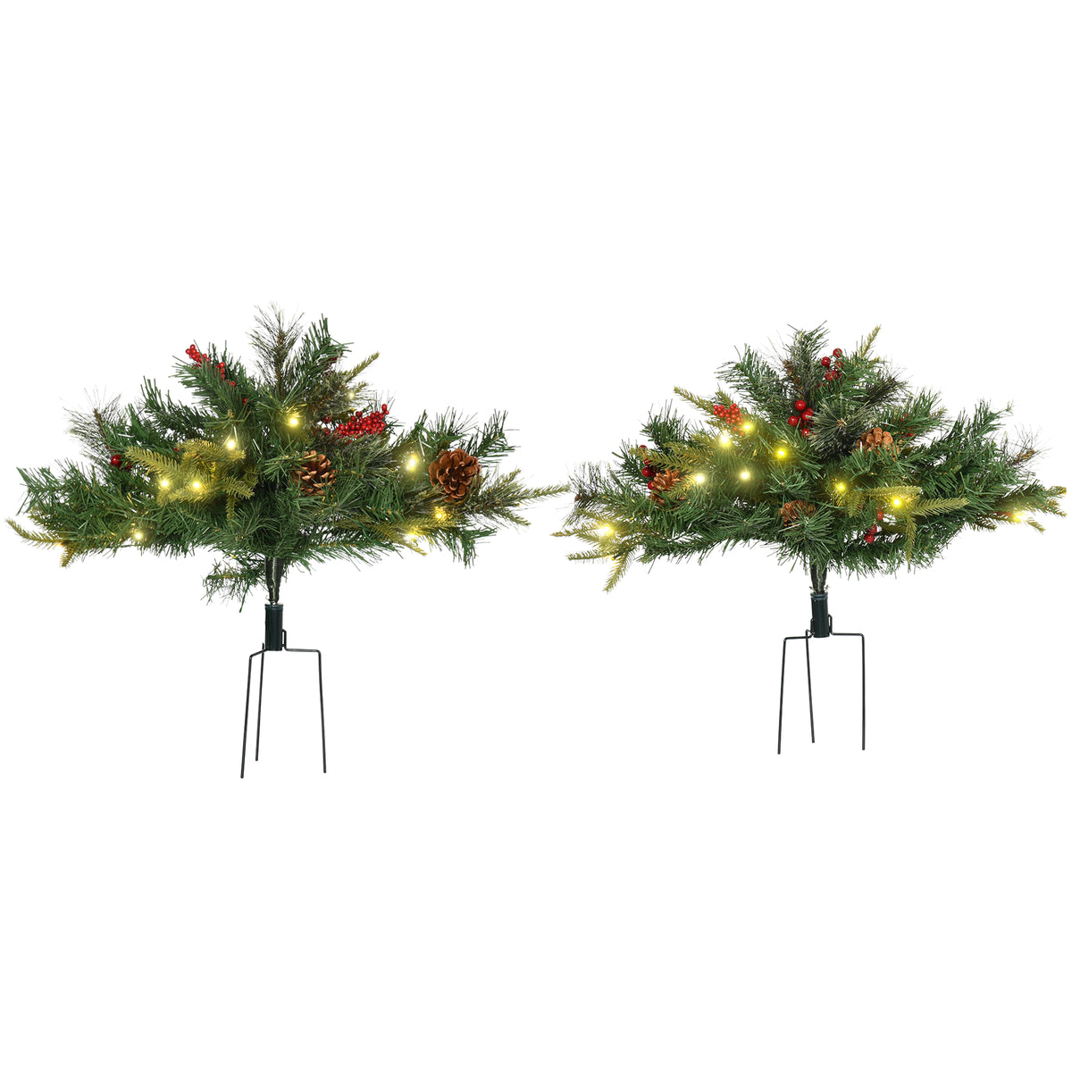 2 Ft/22 inch 2 Pack Prelit Artificial Christmas Tree Cordless with 69 Branches, Warm White LED Lights, Red Berries, Pine Cones, for Outdoor Entryway, Green