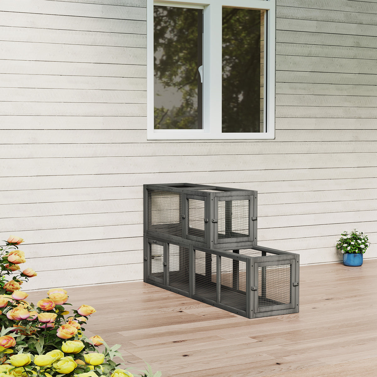 Wooden 98" Cat Tunnel for Outdoor with Combinable Design, 8 Doors, Dark Gray