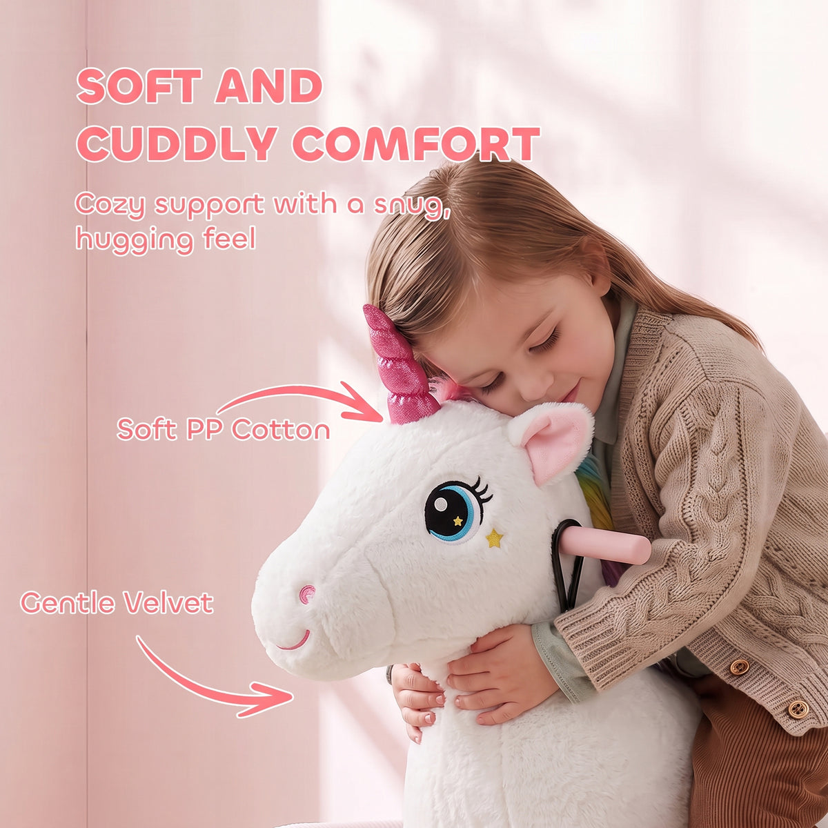 Kids Spring Rocking Horse, Unicorn Ride on Horse with Neighing Sounds, Plush Animal Ride on Toy for Ages 3+, White