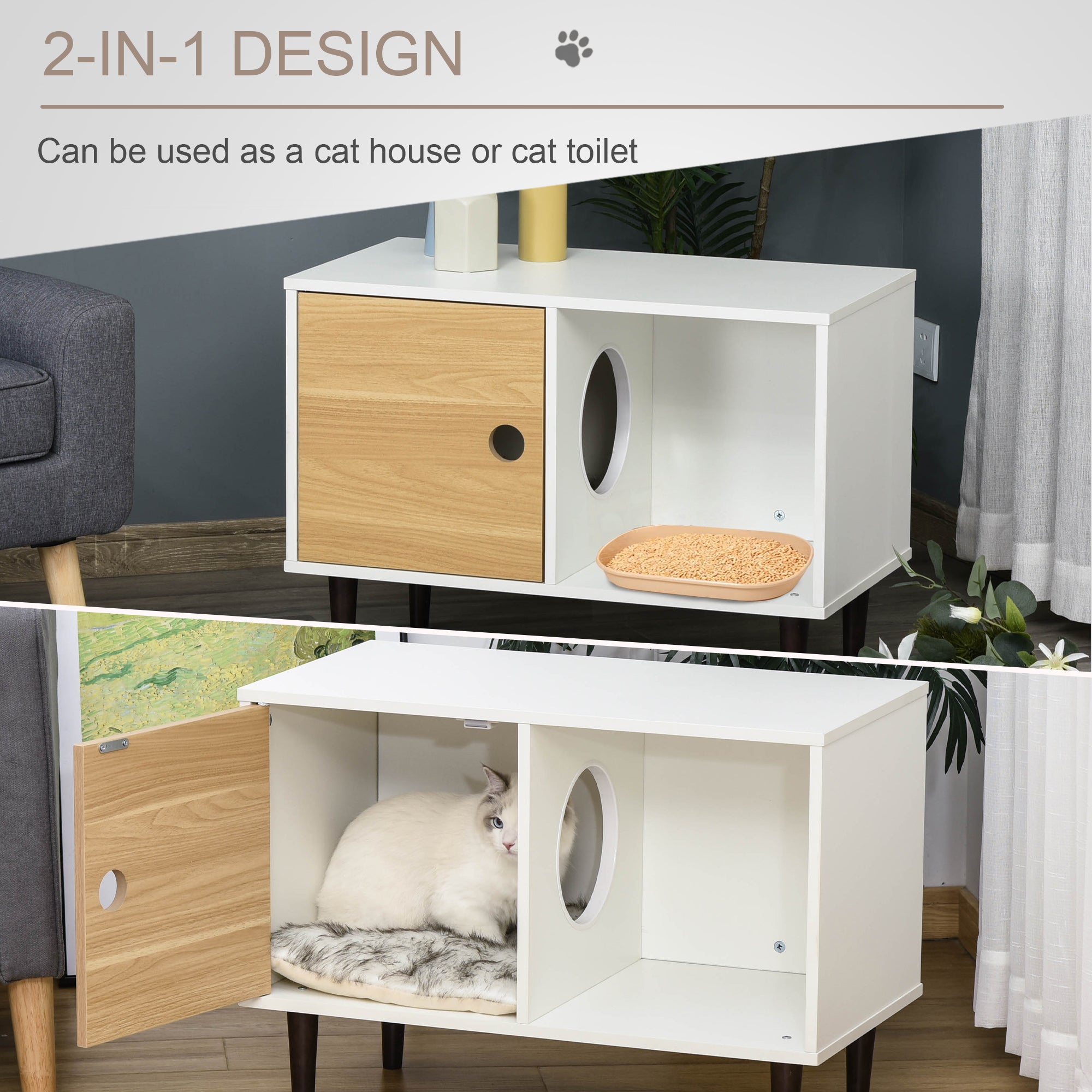 Wooden Cat House with Soft Cushion, Decorative Kitten Condo Side Table, Elevated Pet House with Storage Space - White - Image 4