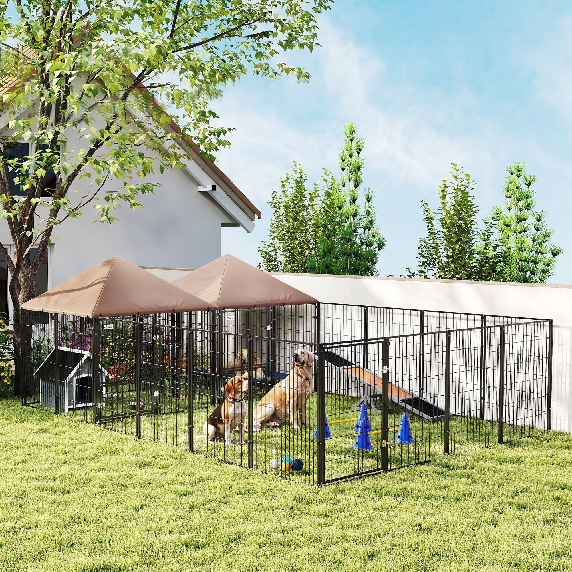 Large Outdoor Dog Kennel with 2 Rooms, Rotating & Adjustable Height Bowls, 13.5' x 9.4' x 5.1' - Coffee - Image 2