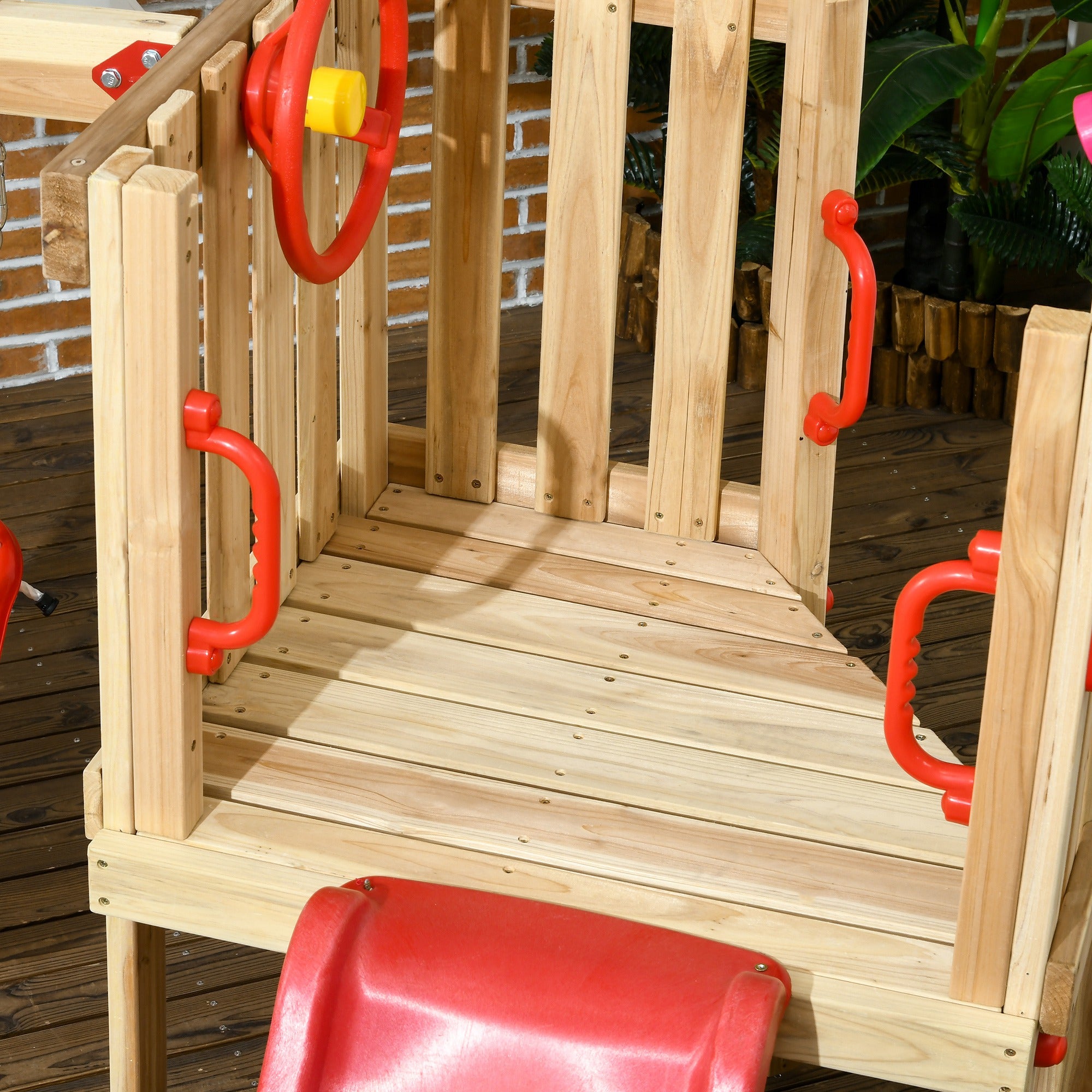 4-in-1 Wooden Swing Set with Swing, Slide, Horn, Steering Wheel, Red