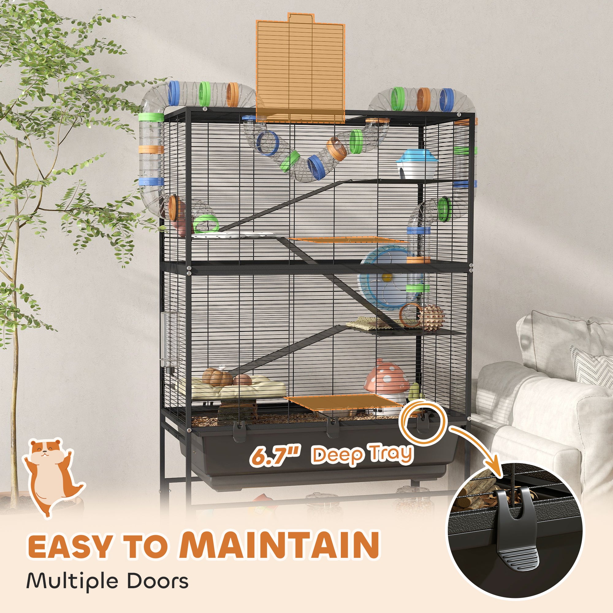 5 Tier Hamster Cage, Rolling Rat Cage with Deep Tray, Storage Shelf, Big Exercise Wheel, Hut, Tube System - Black - Image 6