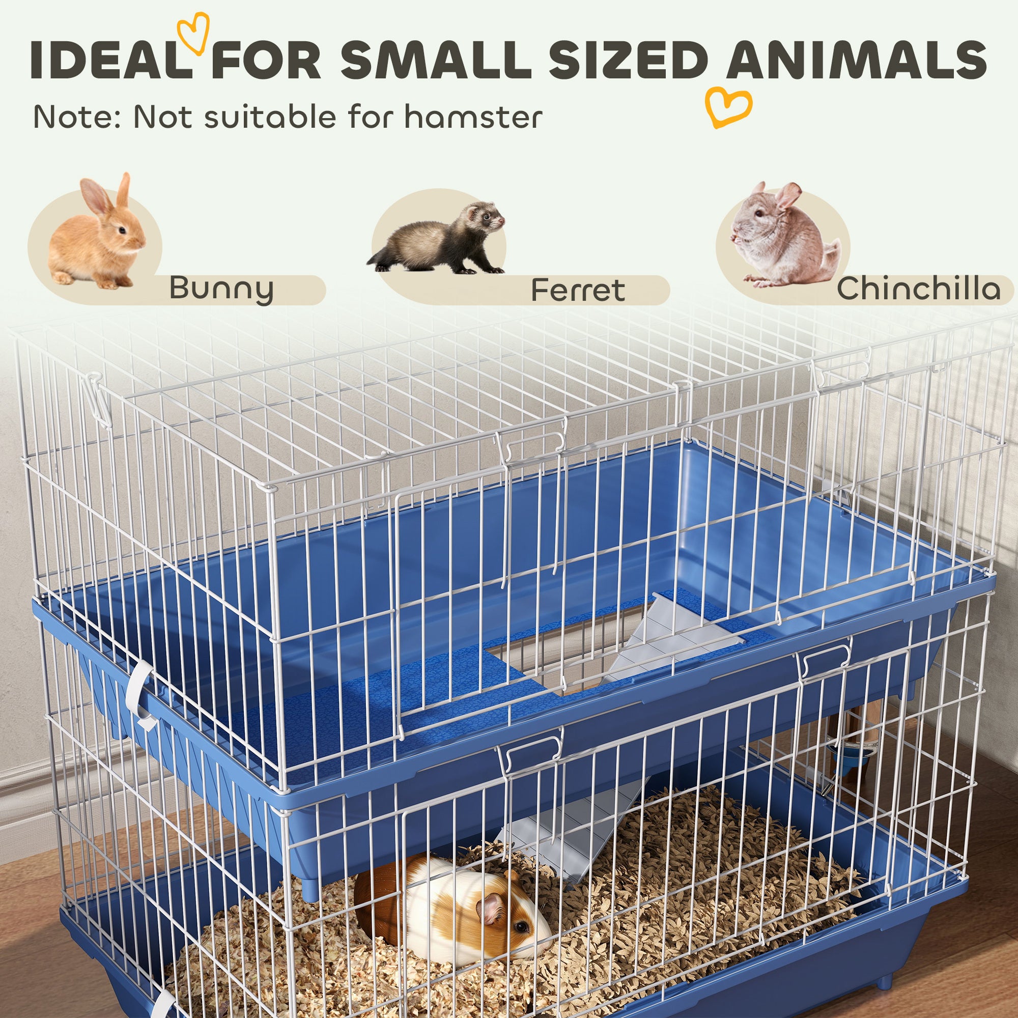 2-Tier Guinea Pig Cage, Ferret Cage, Chinchilla Cage, Small Animal Cage Indoor with Dish and Bottle, 2 Doors, Deep Bottoms, Ramp, 28", Blue - Blue - Image 8