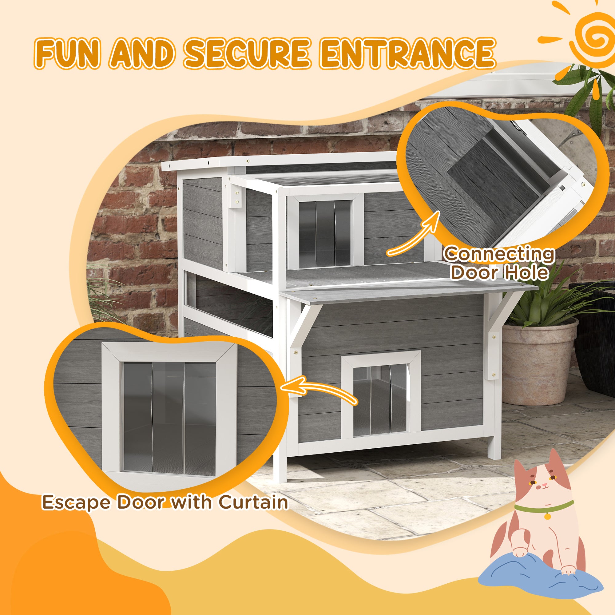 2-Story Wooden Cat House Outdoor with Balcony, Openable Top, Escape Door, Removable Panel & Floor, for Backyard, Outside - Light Gray - Image 7