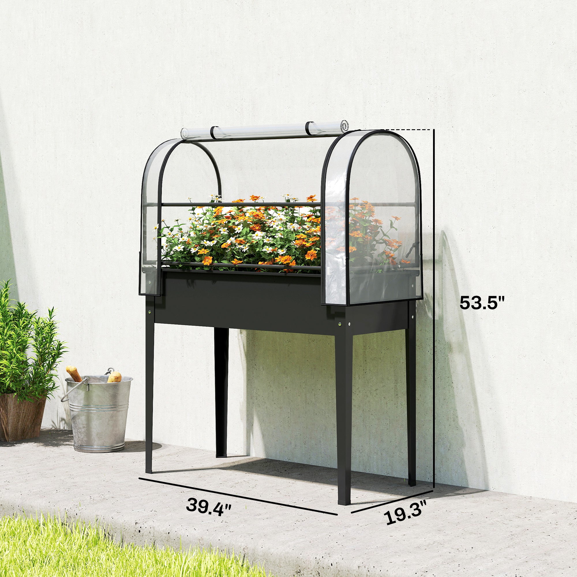 Raised Garden Bed with Flip-Up Greenhouse Cover, Metal Elevated Garden Bed with Legs and Drainage Hole, Black - Black - Image 3
