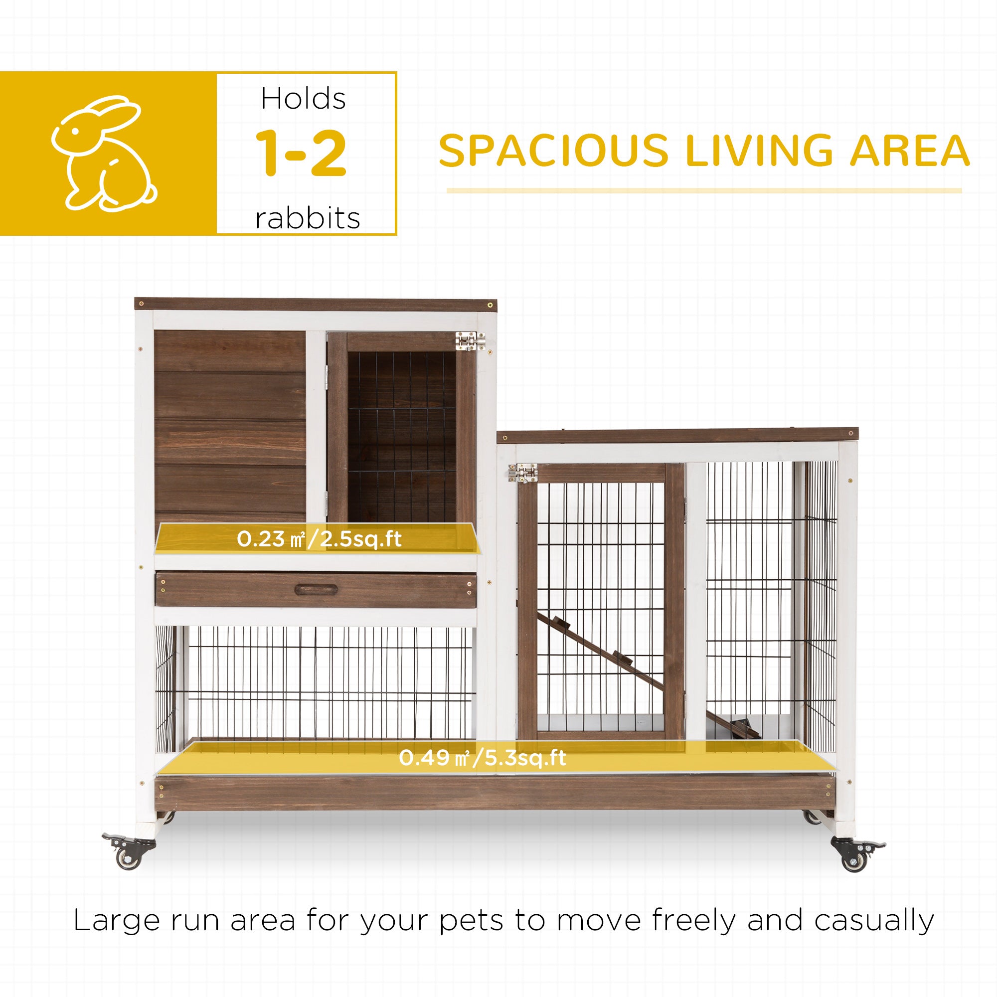 Wooden Rabbit Hutch Elevated Bunny Cage Indoor Small Animal Habitat with Enclosed Run with Wheels, Ramp, Removable Tray for Rabbits, Chickens, Ducks, Guinea Pigs, Brown - Brown - Image 4