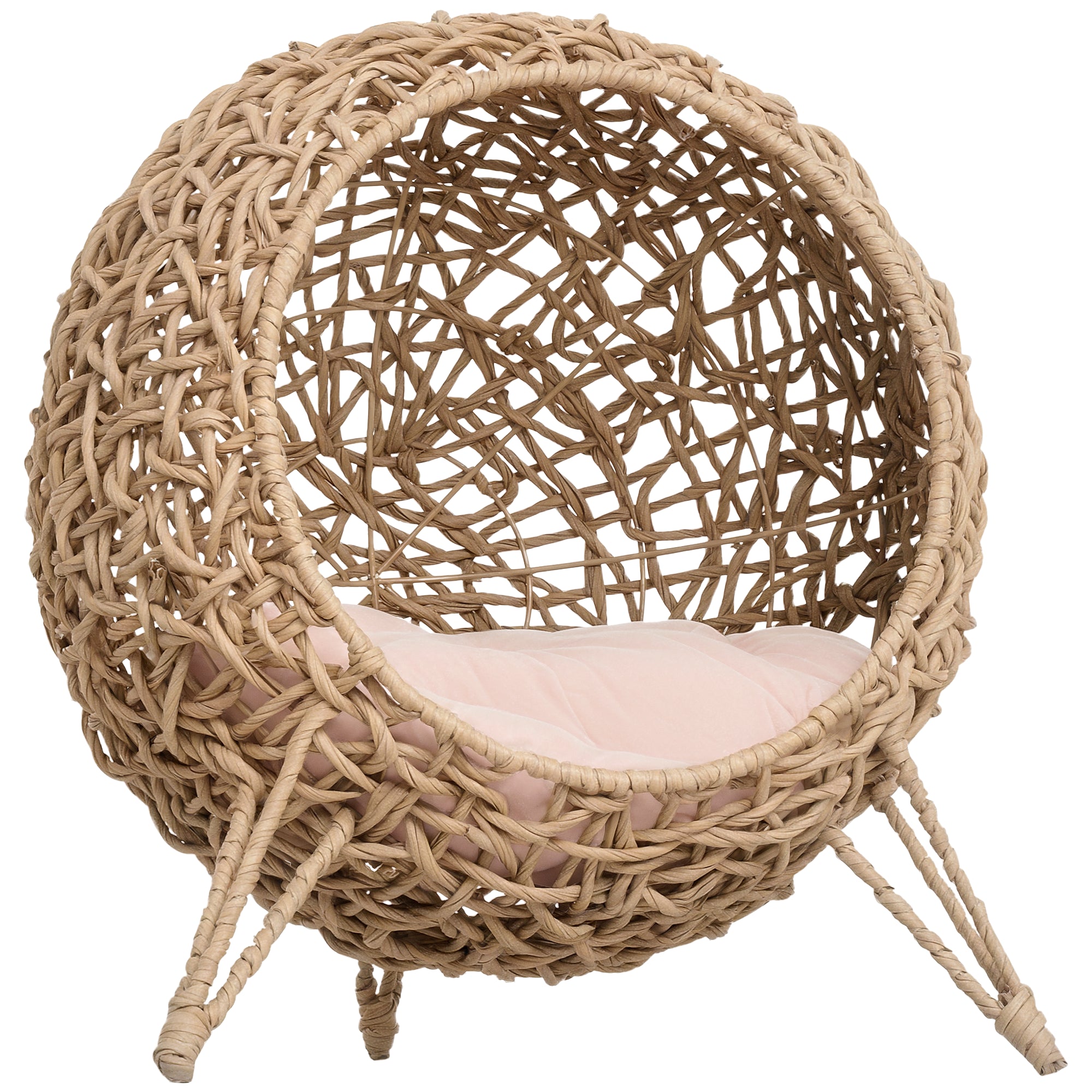 20.5" Weaved Cat Bed, Elevated Hand-woven Braided Banana Leaf Kitten House Condo with Cushion, Beige - Beige