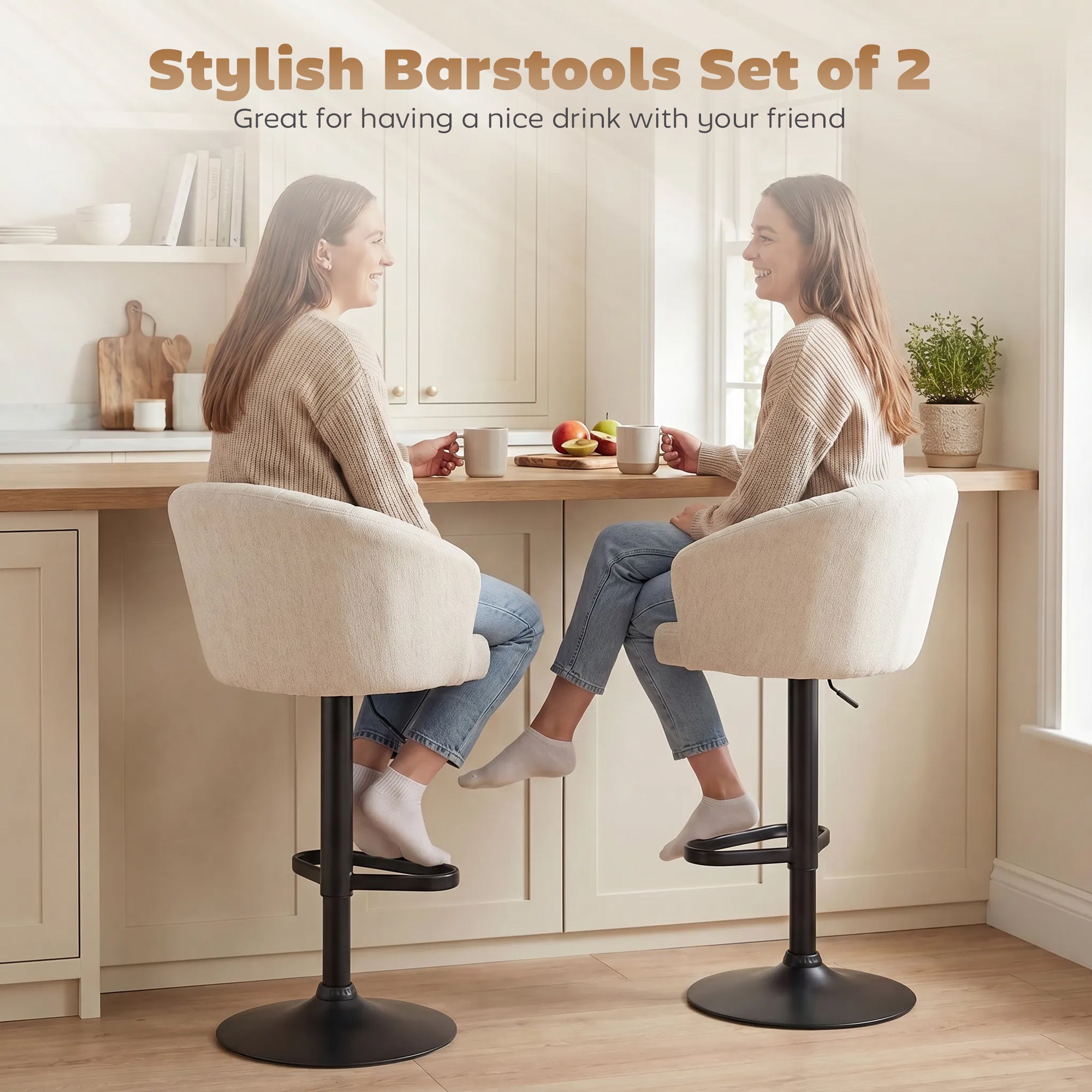 Modern Upholstered Adjustable Barstools with Swivel Seat, Linen Touch Fabric, Steel Frame, Footrest, Beige