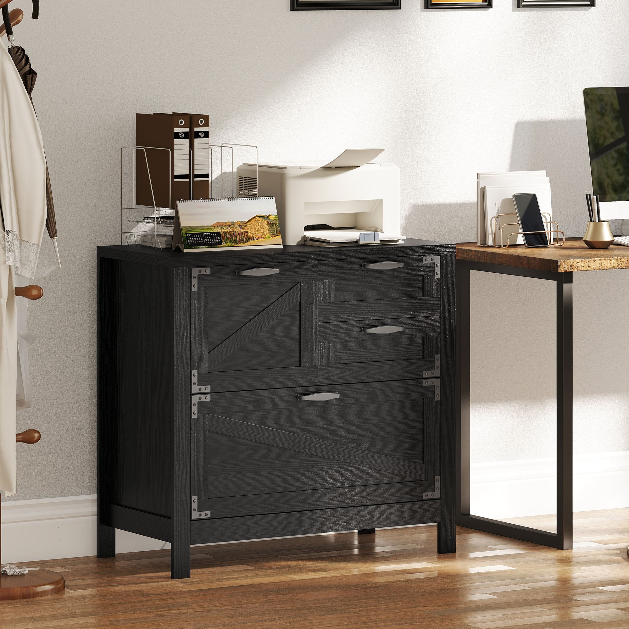 Lateral Filing Cabinet, Farmhouse File Cabinet with 4 Drawers, Fit Letter/A4/Legal Hanging Files, Black