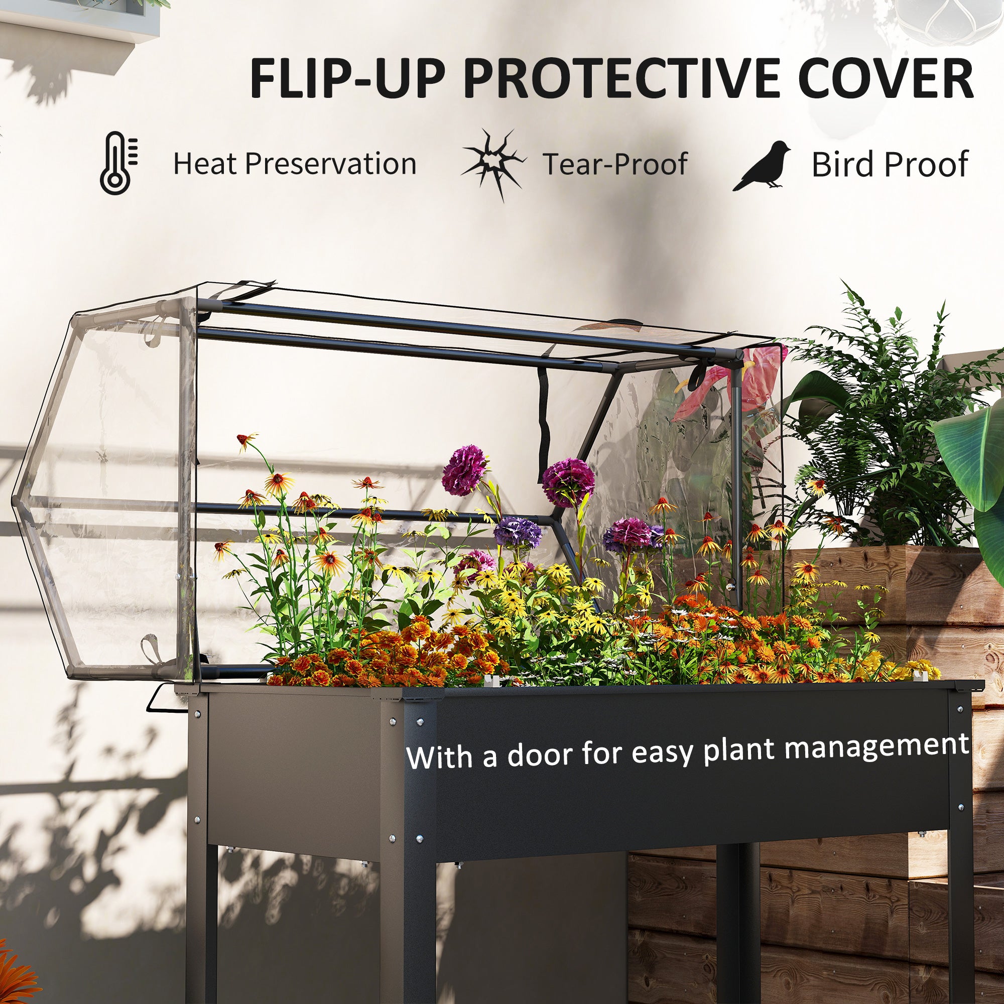 Elevated Garden Box with Greenhouse Cover, Raised Garden Bed with Legs and Drainage Hole for Vegetables, Black - Black - Image 4