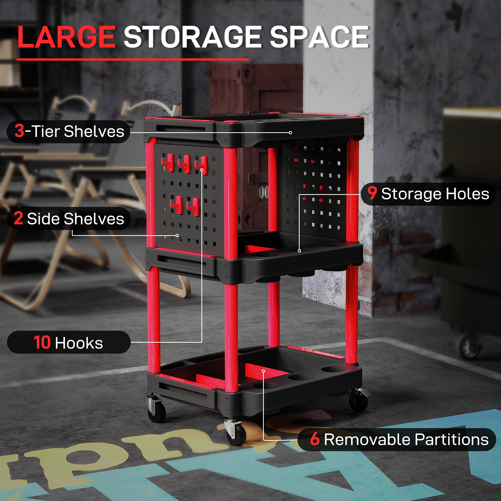 3-Tier Rolling Tool Cart, 200 LBS Capacity Plastic Utility Cart with Side Shelves for Garage, Workshop, Black and Red