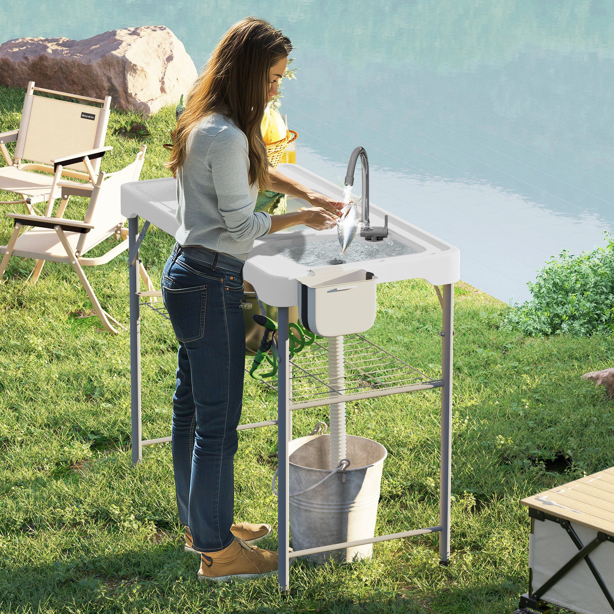 Folding Fish Cleaning Table with Sinks, Portable Camping Sink Table with Faucet, Drainage Hose, Sprayer, Shelf, Drawer and Storage Basket, Outdoor Fillet Table for Picnic Beach Patio, White
