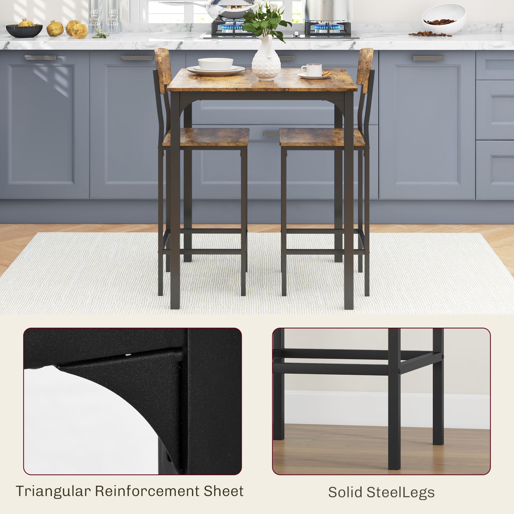 3 Piece Pub Table and Chairs, Small Kitchen Table and Chairs, Square Dining Table with 2 Stools, Rustic Brown and Black