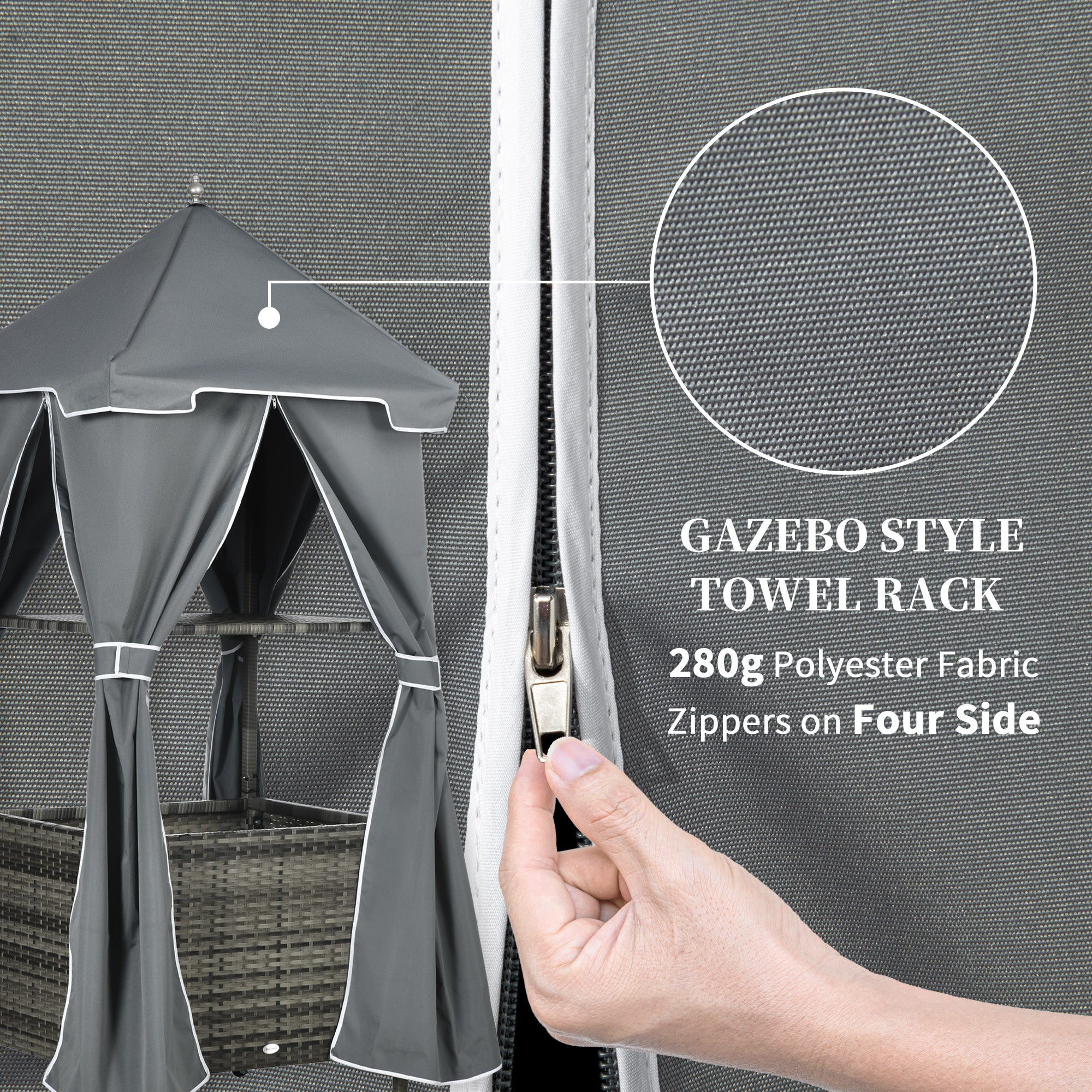 Outdoor Towel Valet Caddy, Covered Poolside Towel Holder Rack, Shelf, Basket, Rolling PE Rattan Wicker Storage on Wheels, Gray - Gray - Image 6