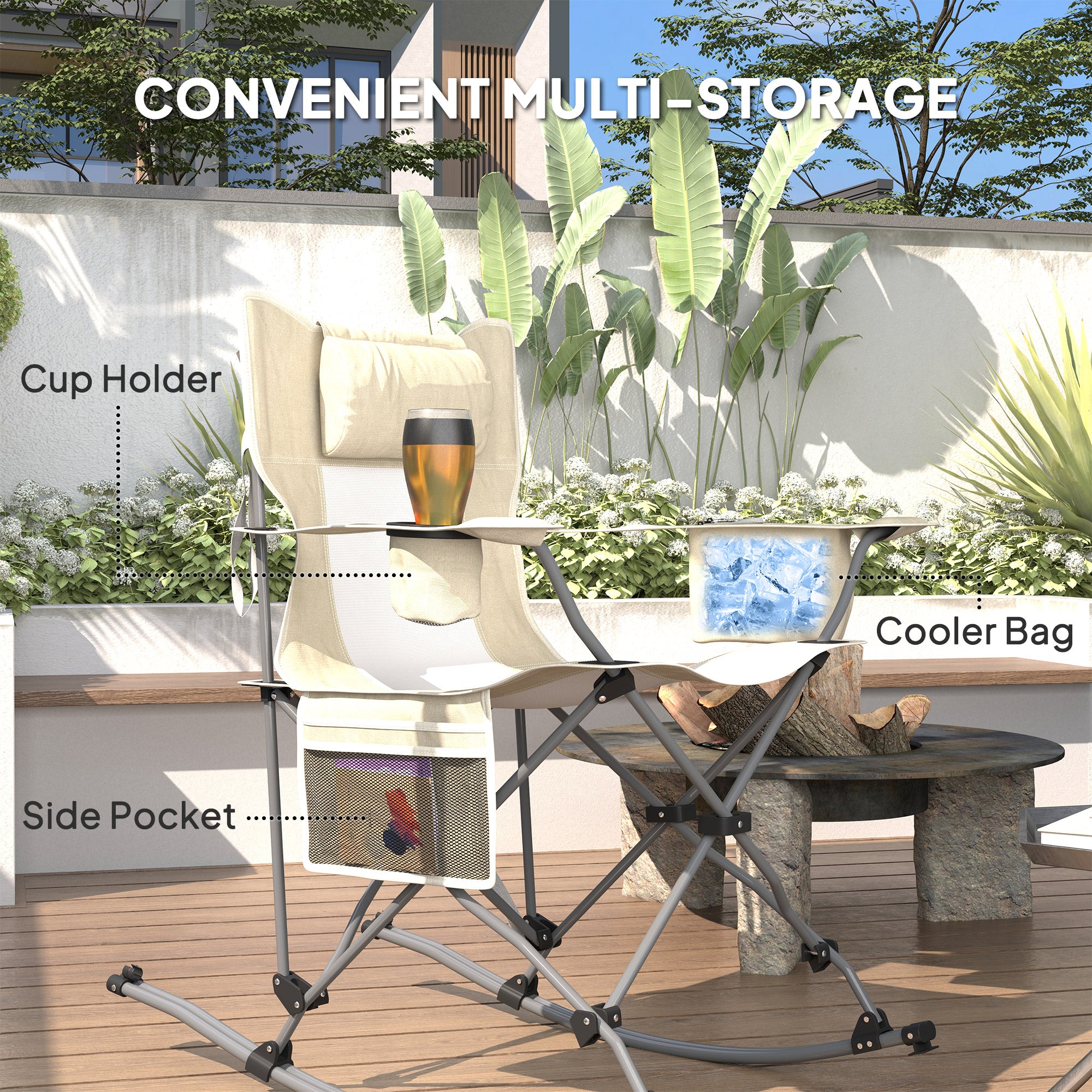 Folding Rocking Camping Chairs, Portable Chairs with Headrest, Cooler Bag, Cup Holder, Carry Bag, 2 Pack, Cream