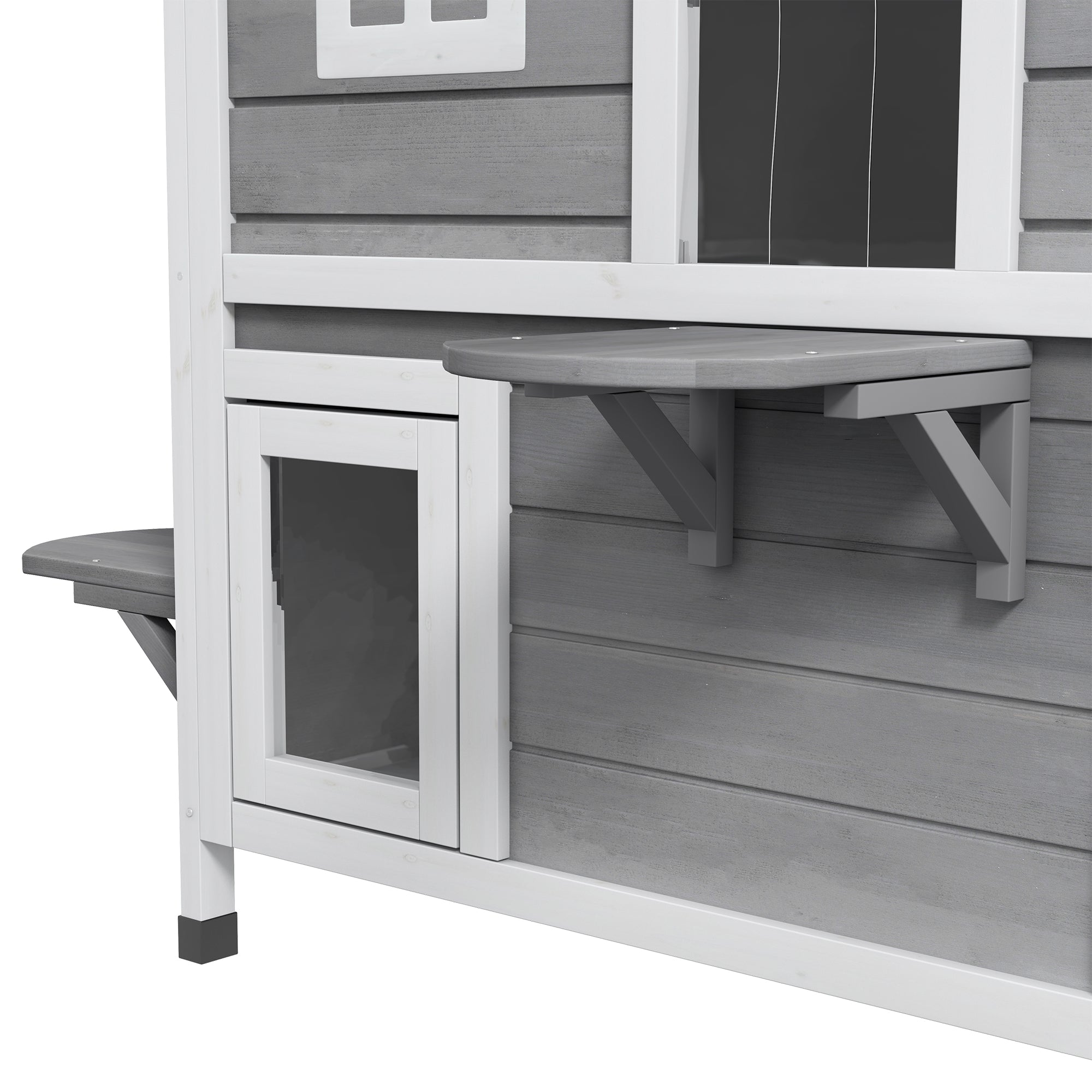 2-story Cat House Outdoor, Weatherproof Wooden Cat Enclosure for Feral Cats with Escape Door, Openable Roof, Jumping Platforms, Gray - Gray - Image 8