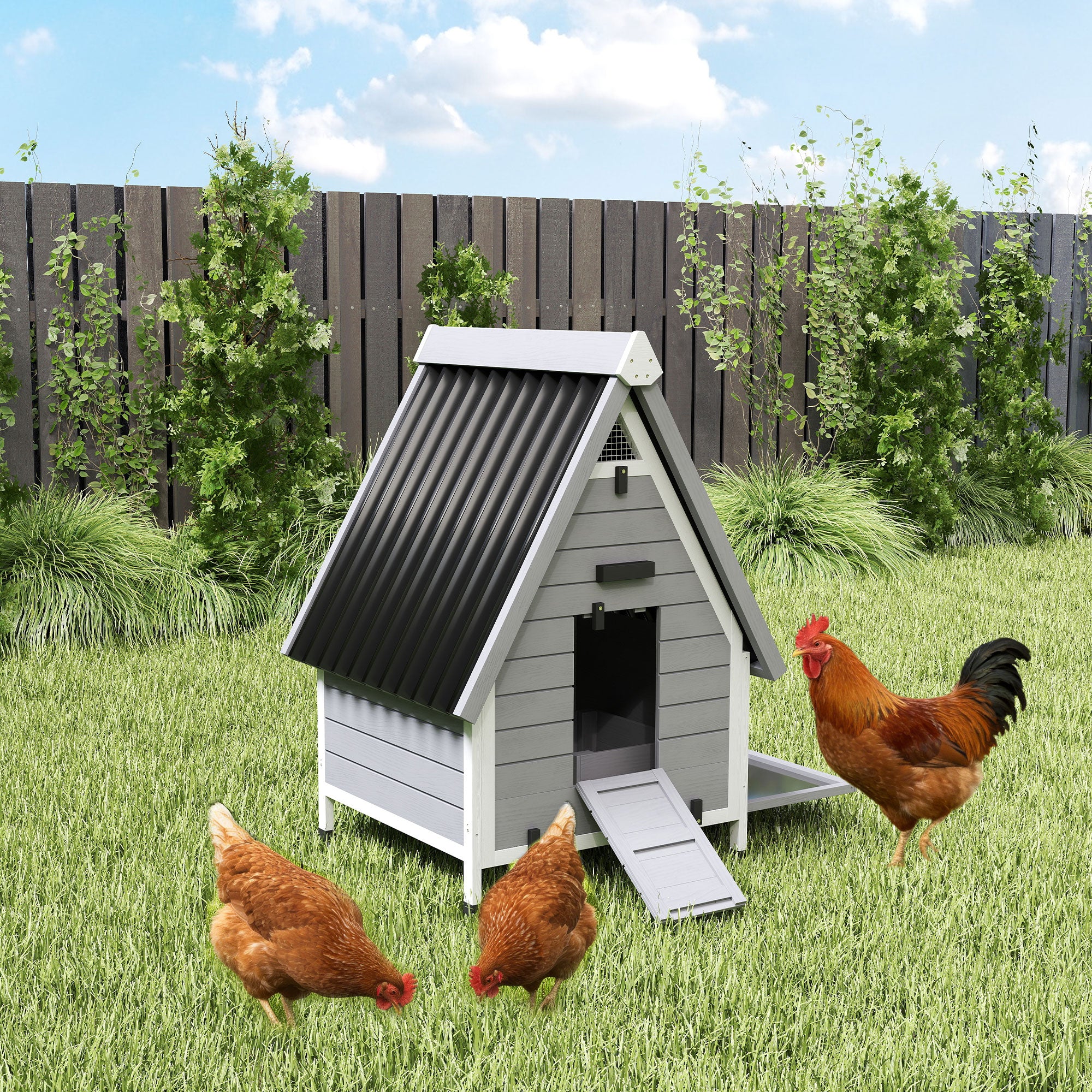 Chicken Coop for 2 Chickens, Outdoor Wooden Chicken House with Removable Nesting Box & Roosting Bar, Tray, Ramp - Gray - Image 8