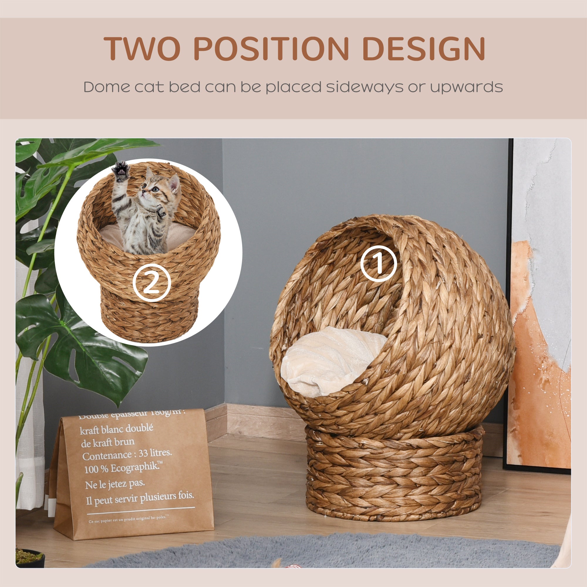 Handwoven Elevated Cat Bed with Soft Cushion & Egg Chair Shape, Basket Bed Kitty House with Stand, Raised Wicker House for Indoor Cats, 23.5" H, Light Brown - Brown - Image 6