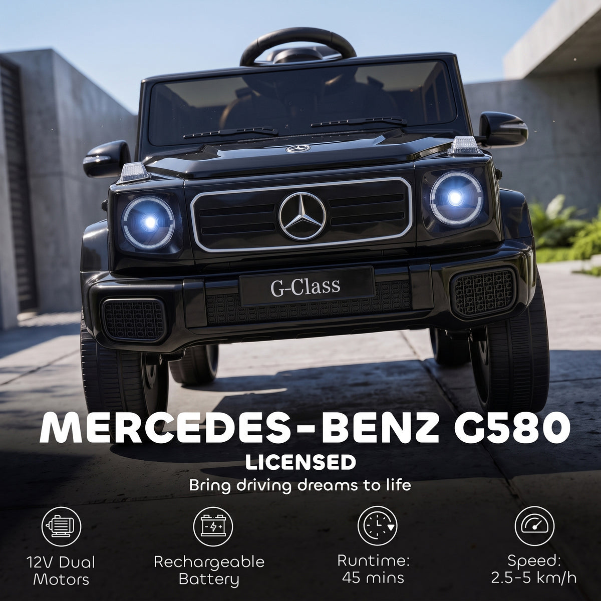 Licensed Mercedes-Benz G580 12V Kids Ride On Car with Remote, Soft Start, Headlights, Seat Belt, Music, USB, Horn, Black