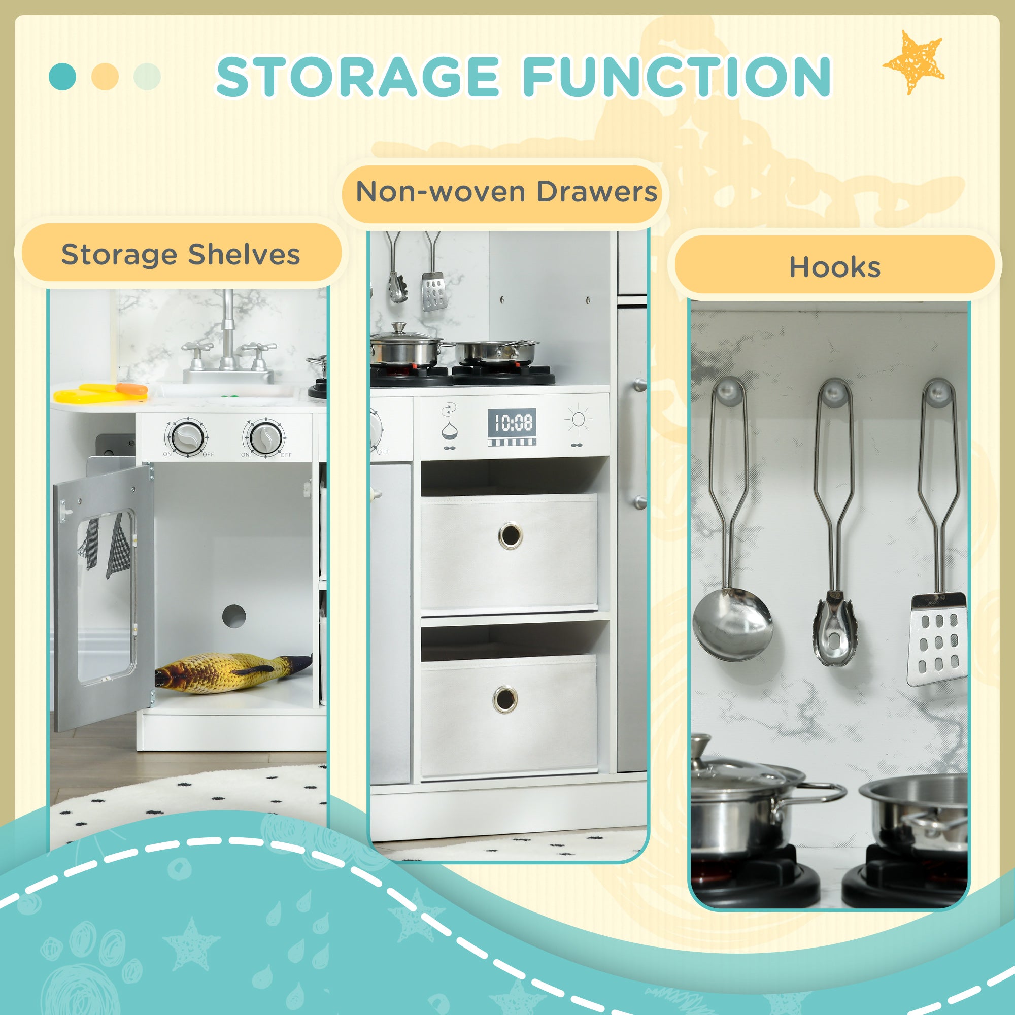 Play Kitchen Set for Kids W/ Lights Sounds, Apron and Chef Hat, White