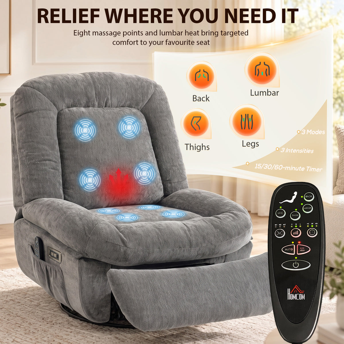 Oversized Power Recliner Chair with Massage and Heat, USB Port, Overstuffed Chenille Swivel Rocker Recliner, Gray