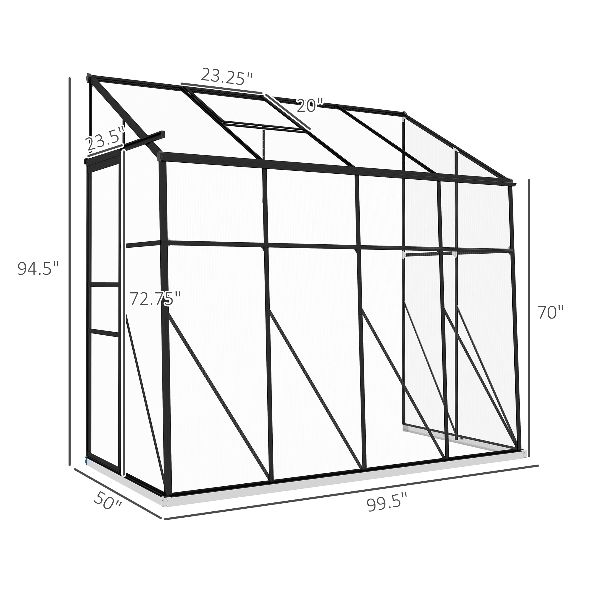 8' x 4' Walk-in Polycarbonate Greenhouse, Lean-to Aluminum Green House with Rain Gutter and Foundation, Black - Black - Image 3