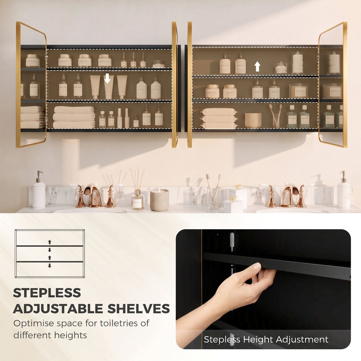 30" x 24" Medicine Cabinet with Mirror, Bathroom Mirror Cabinet with Adjustable Shelves, Wall-Mounted or Recessed, Gold