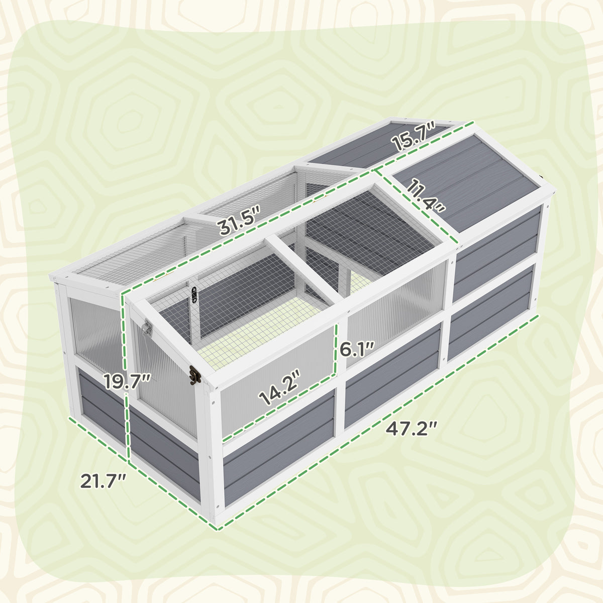 Wooden Tortoise Habitat Outdoor w/ Bottomless Design, Doors, PC Sun Panel Windows, for Small Animals, Rabbit, Light Gray