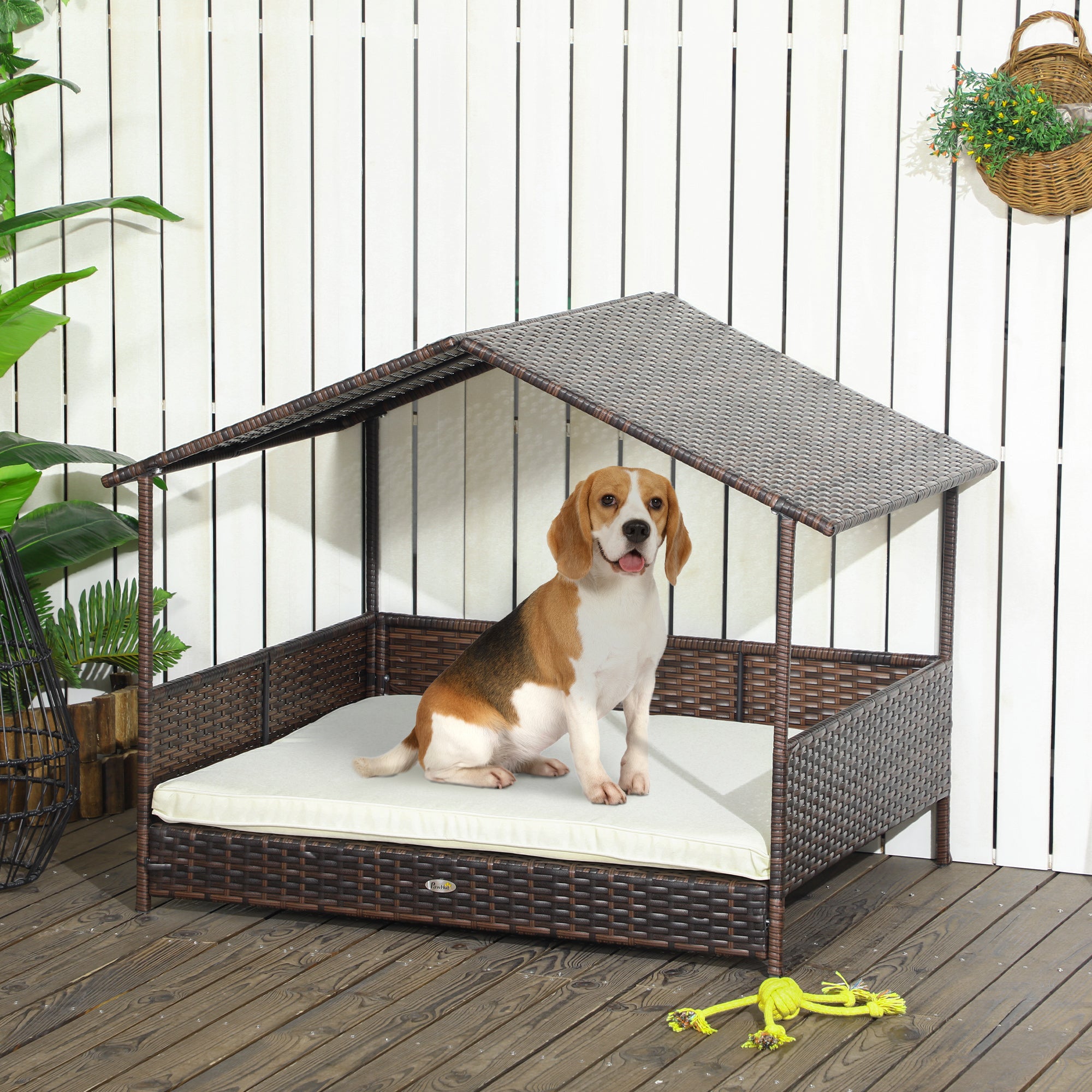 Outdoor Dog Bed with Canopy, Rattan Dog Bed with Soft Cushion Removable Cover for Medium and Large Dogs, Cream White - Cream White - Image 2