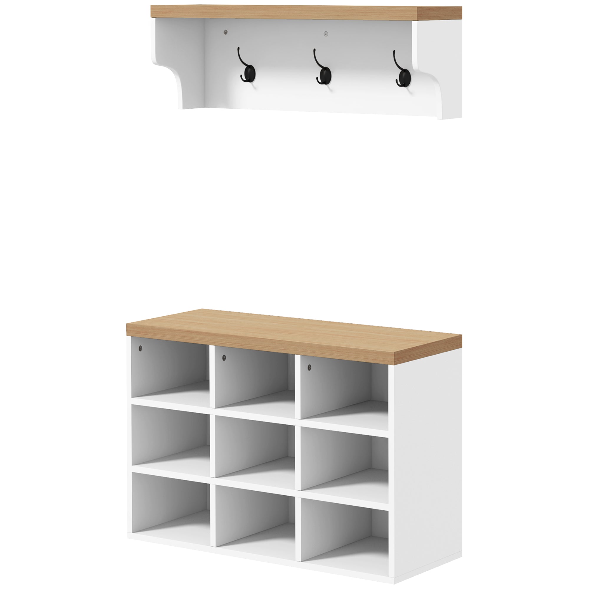 2-in-1 Coat Rack Shoe Bench Set, 5-Hook Hall Tree with Bench and Shoe Storage for 9 Pairs of Shoes for Entryway, Hallway, White