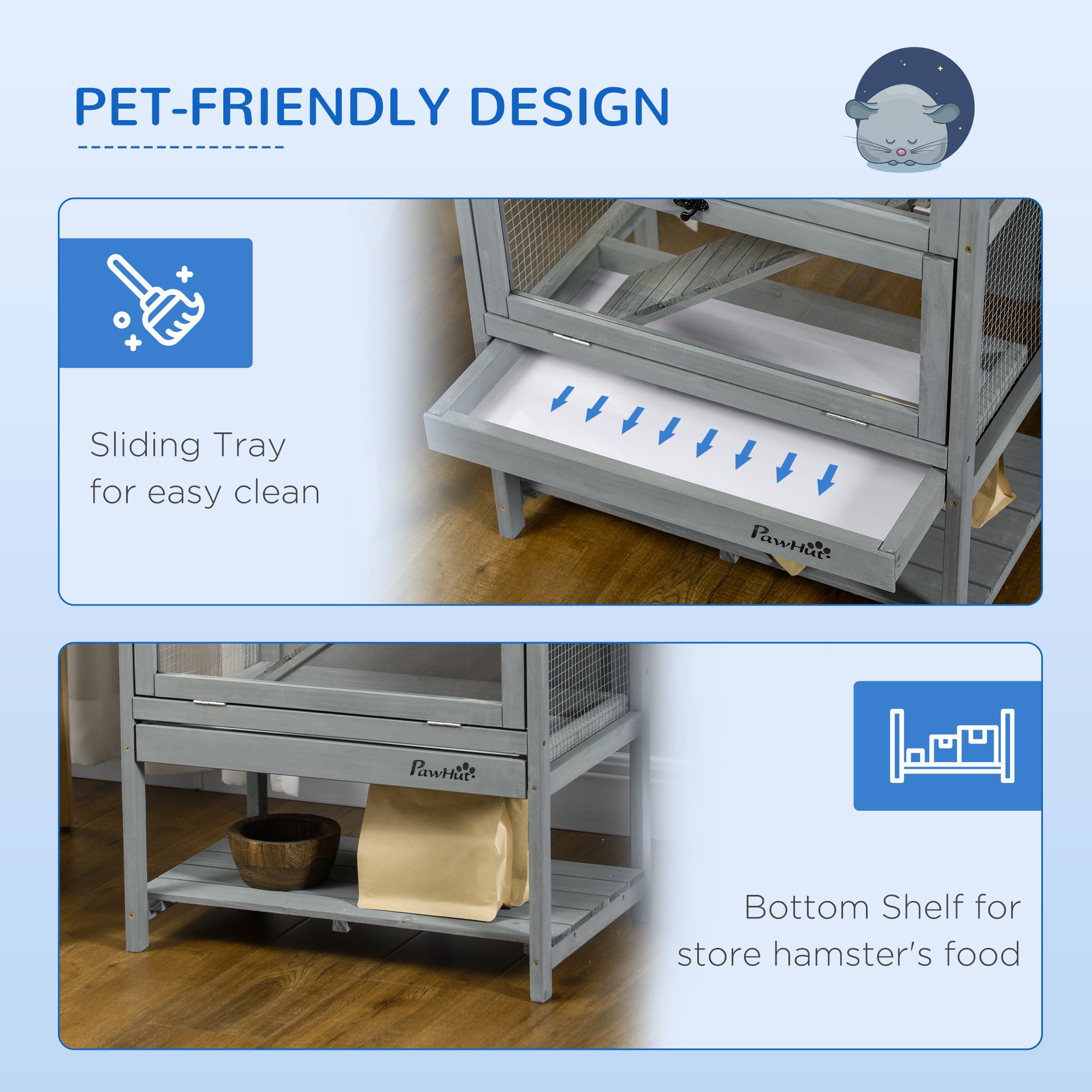 Wooden Hamster Cage with Storage Shelf, Large Rat Mouse Habitat Including Seesaw, Small Animal Cage with Sliding Tray, Wide Ramp for Racing, Running Wheel, 35.5" H - Grey - Image 6