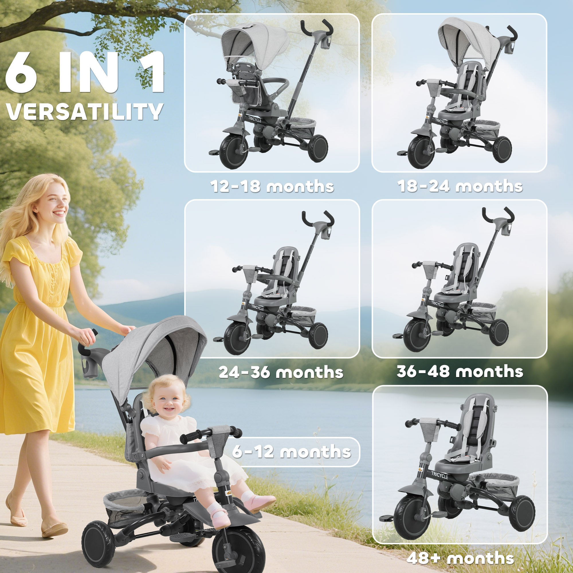6 in 1 Kids Tricycle with Adjustable Push Handle, Removable Canopy, Reversible Seat, for 1-5 Years, Gray