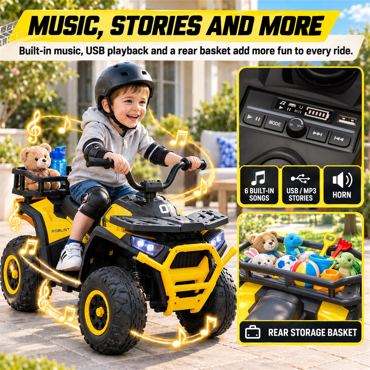 12V Kids ATV, 4 Wheeler Quad with 4 Spring Suspension Wheels, LED Lights, Music USB for 3-5 Years, Yellow