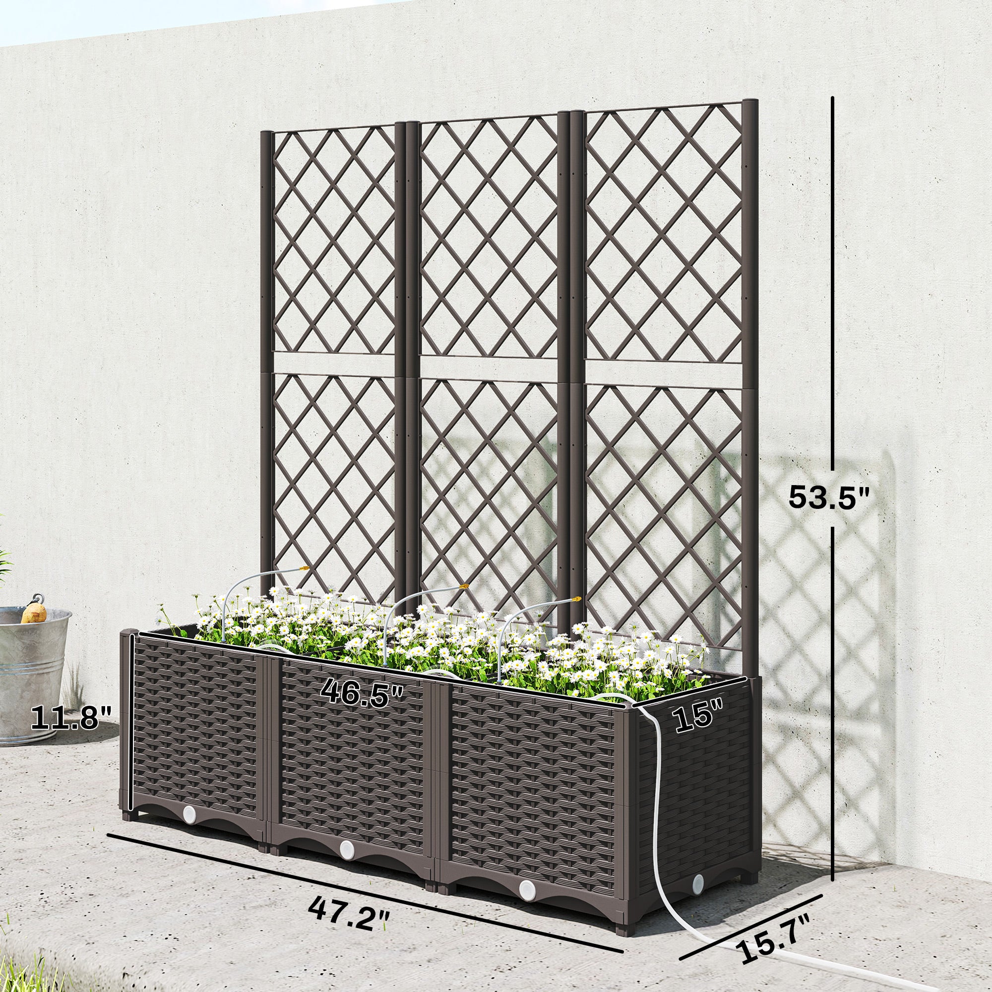 3PCS Plastic Planter Box with Trellis, Self-Watering Raised Garden Bed with Trellis and Automatic Watering Timer Kit - Brown - Image 3