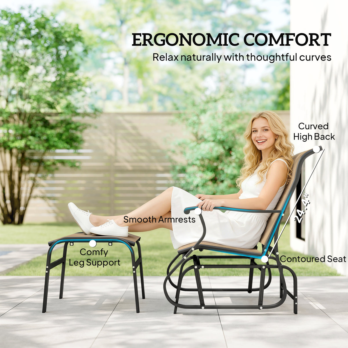 Outdoor Glider with Ottoman, Patio Glider Chair Set with High Back, Wide Seat for Porch, Garden, Backyard, Tan