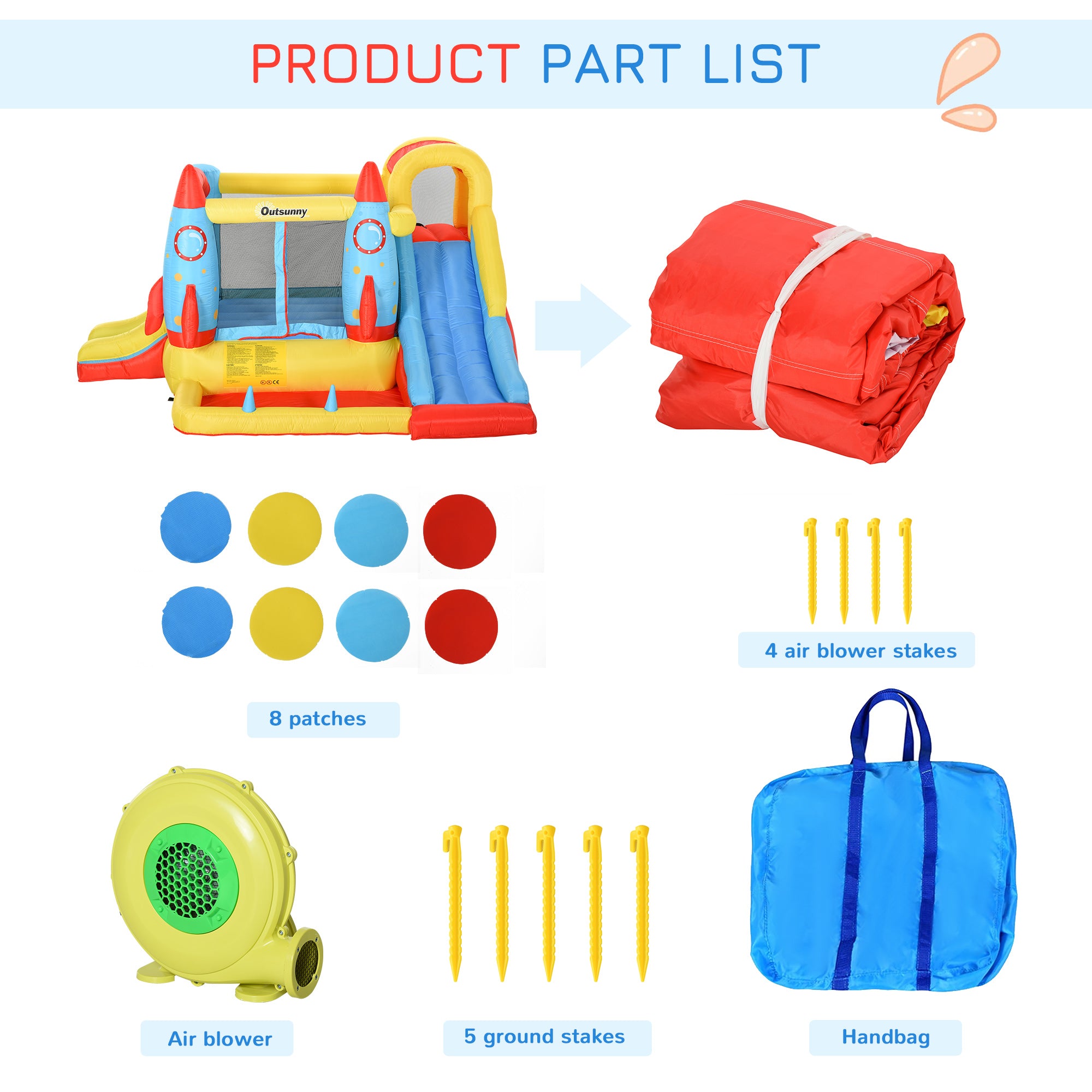 Kids Bounce House, 4-in-1 Rocket Inflatable Water Slide Jumping Castle with 2 Slides, Climbing Wall, Trampoline, & Water Pool Area, Air Blower